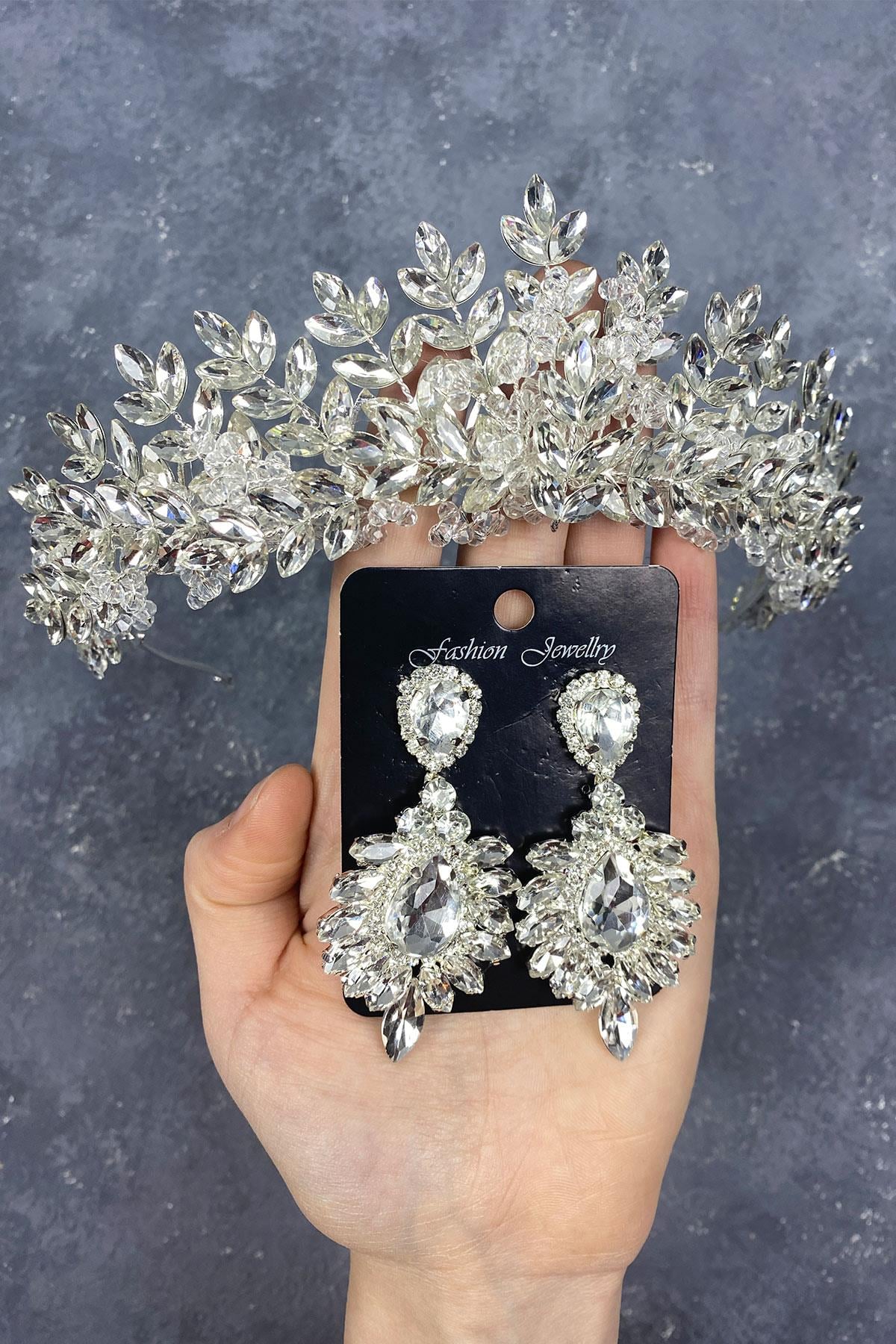 Sterling Silver Bridal Crown And Earring Set With Beads Embroidered