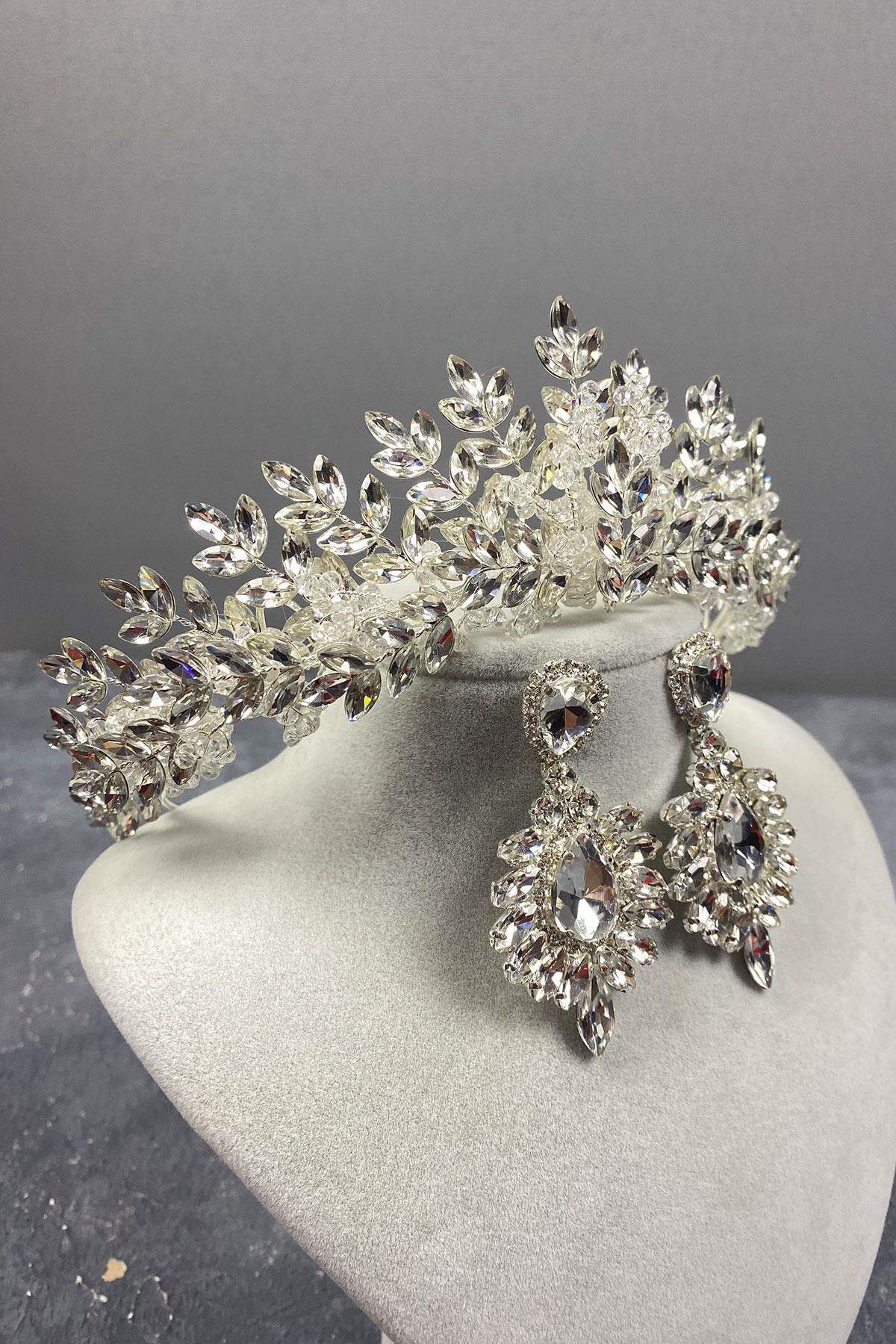 Sterling Silver Bridal Crown And Earring Set With Beads Embroidered