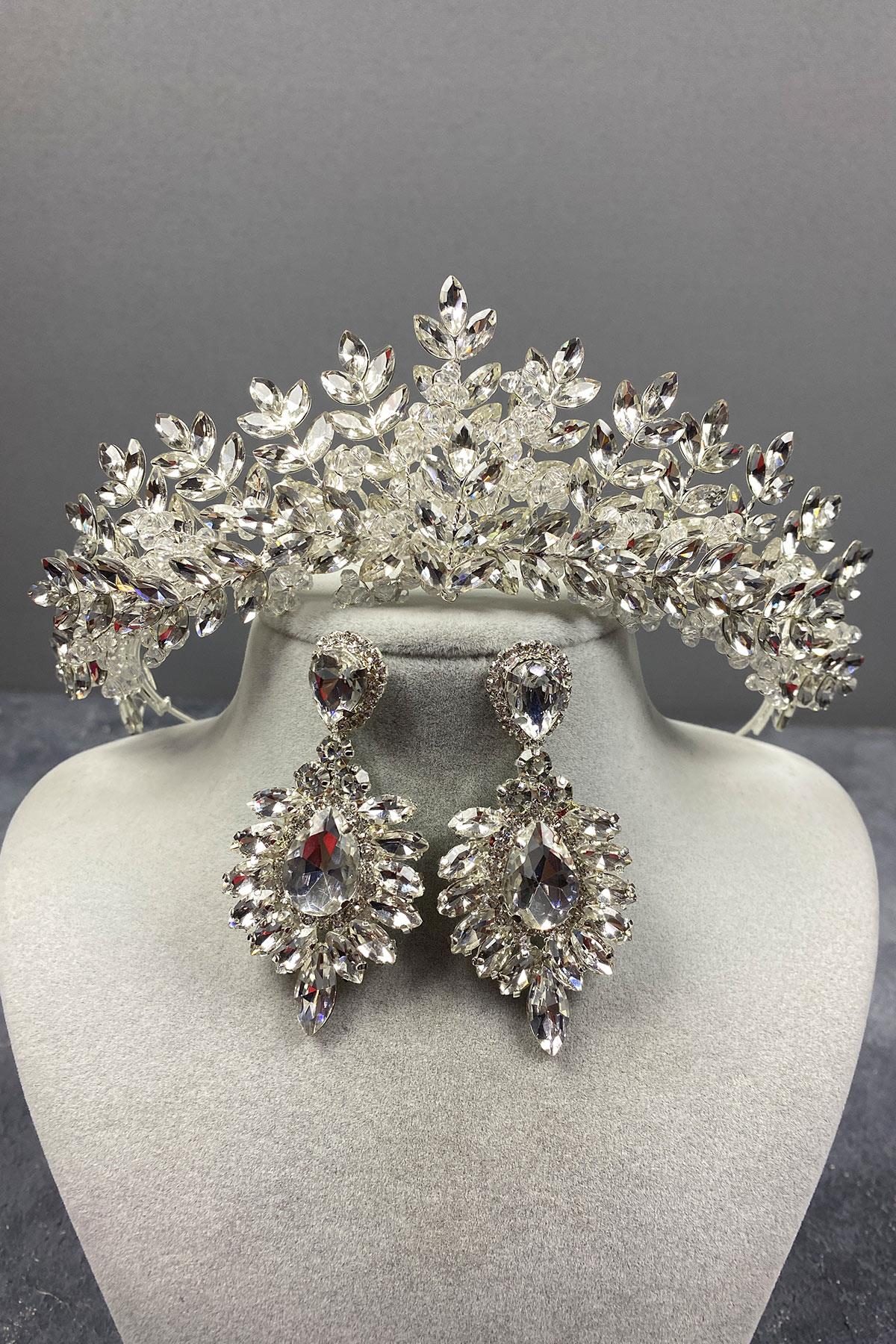 Sterling Silver Bridal Crown And Earring Set With Beads Embroidered