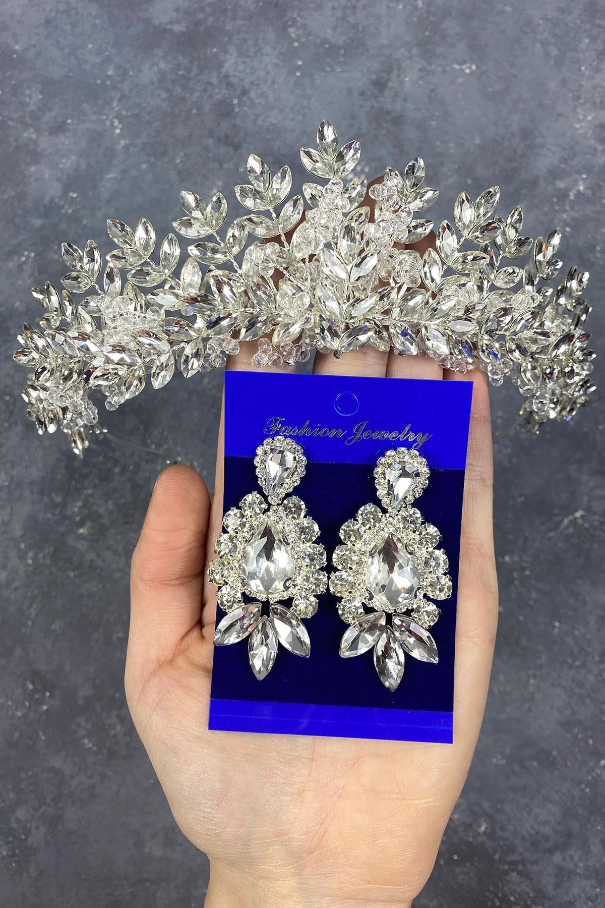 Silver Original Bead Embroidered Bridal Crown And Studded Earrings Set