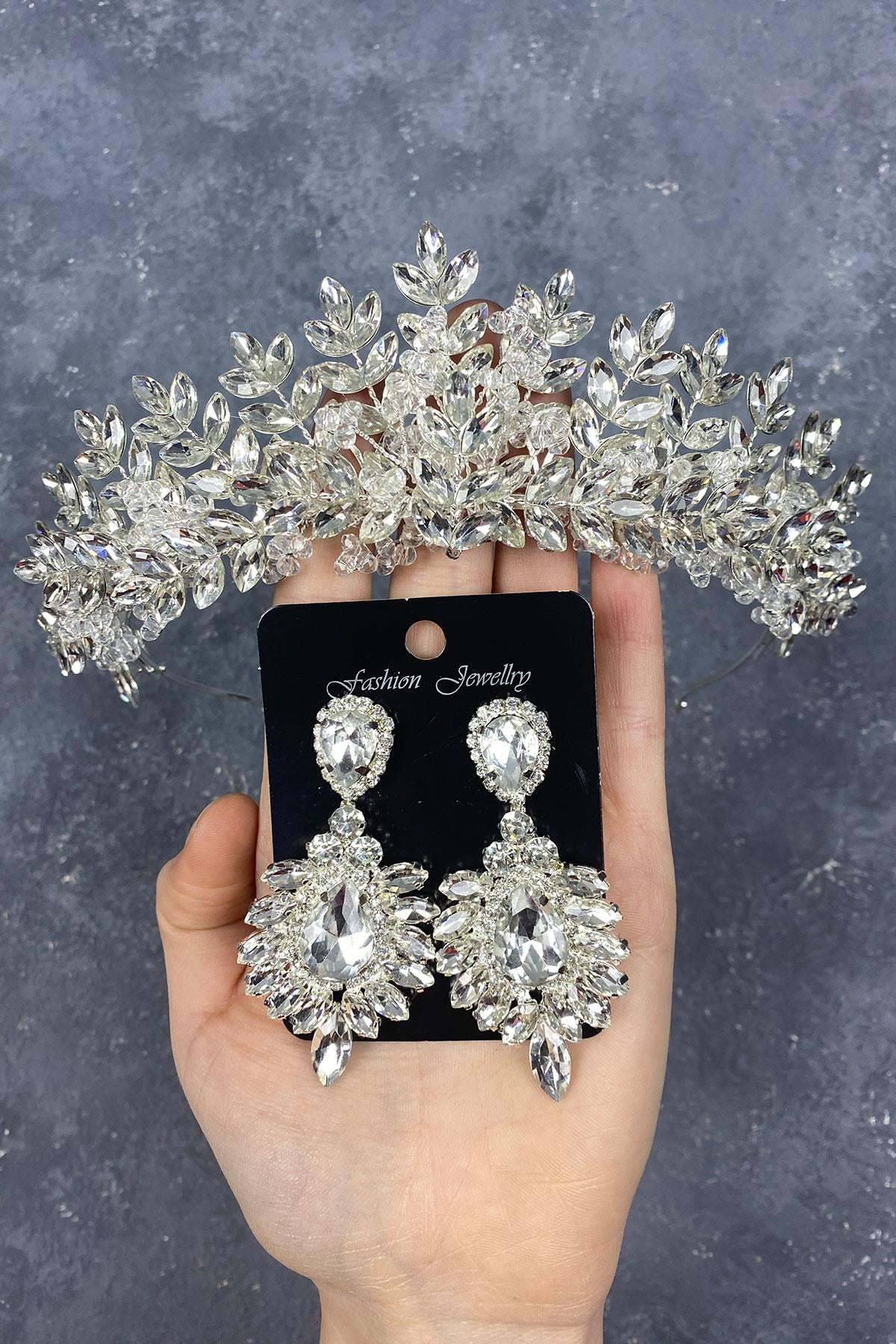 Sterling Silver Bridal Crown And Earring Set With Beads Embroidered