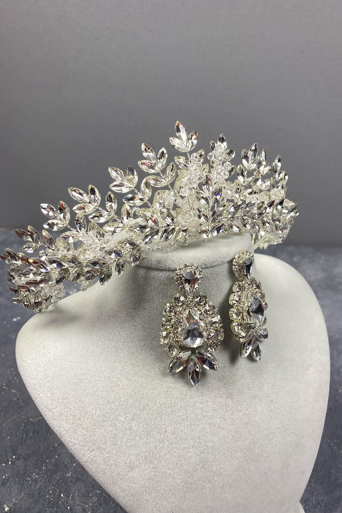 Silver Original Bead Embroidered Bridal Crown And Studded Earrings Set