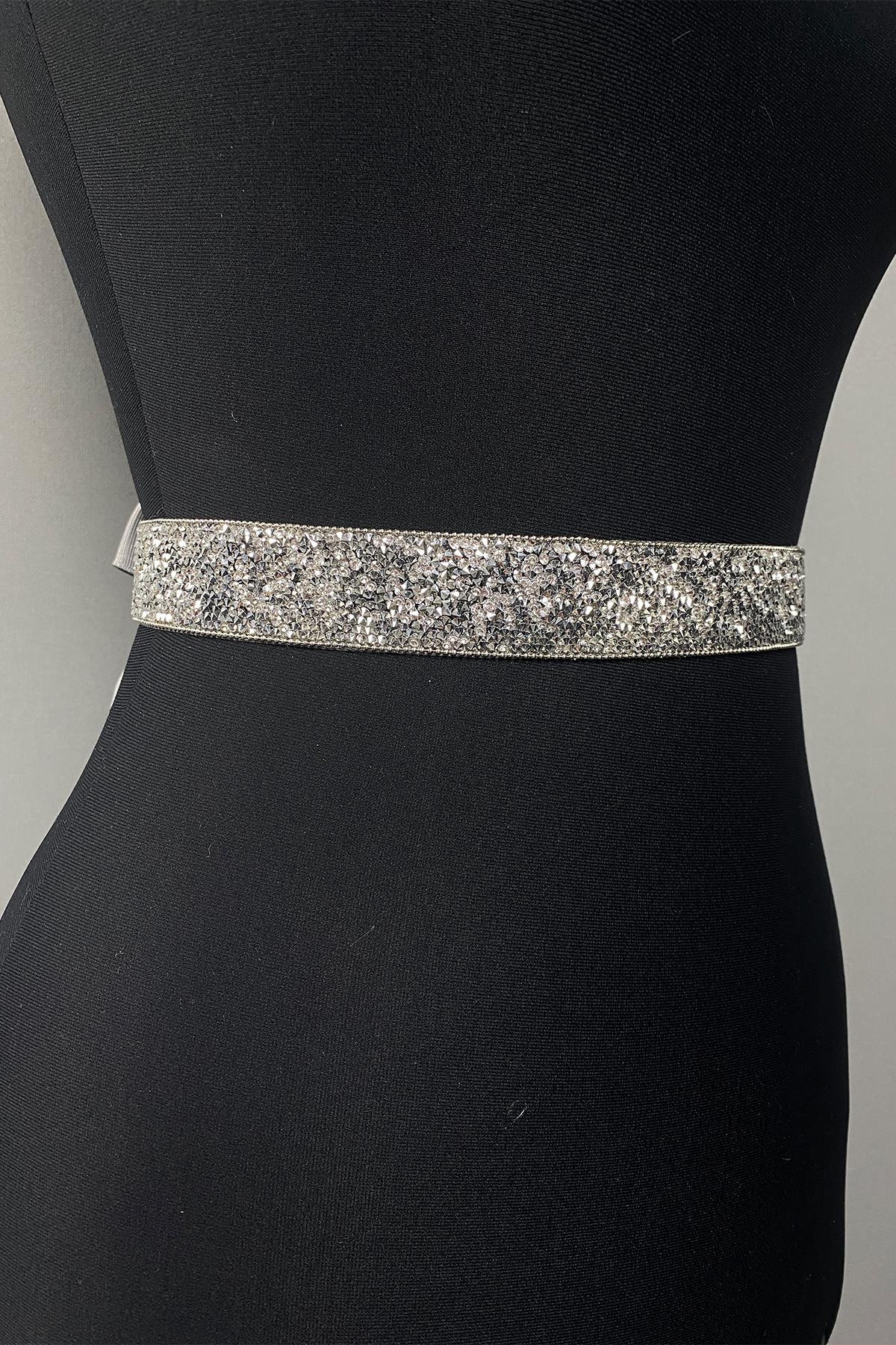 Silver Bead Embroidered Chain and Stone Evening Dress Waist Belt