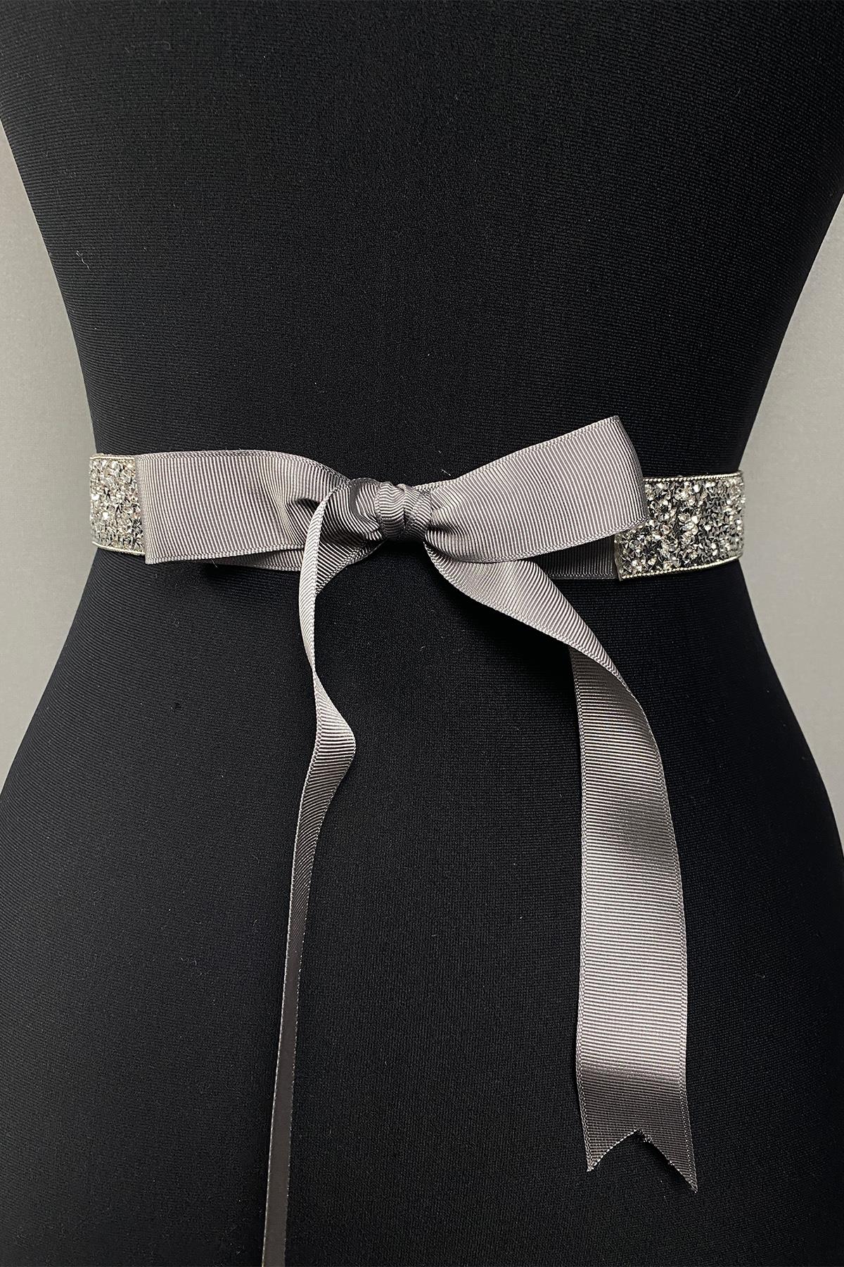 Silver Bead Embroidered Chain and Stone Evening Dress Waist Belt