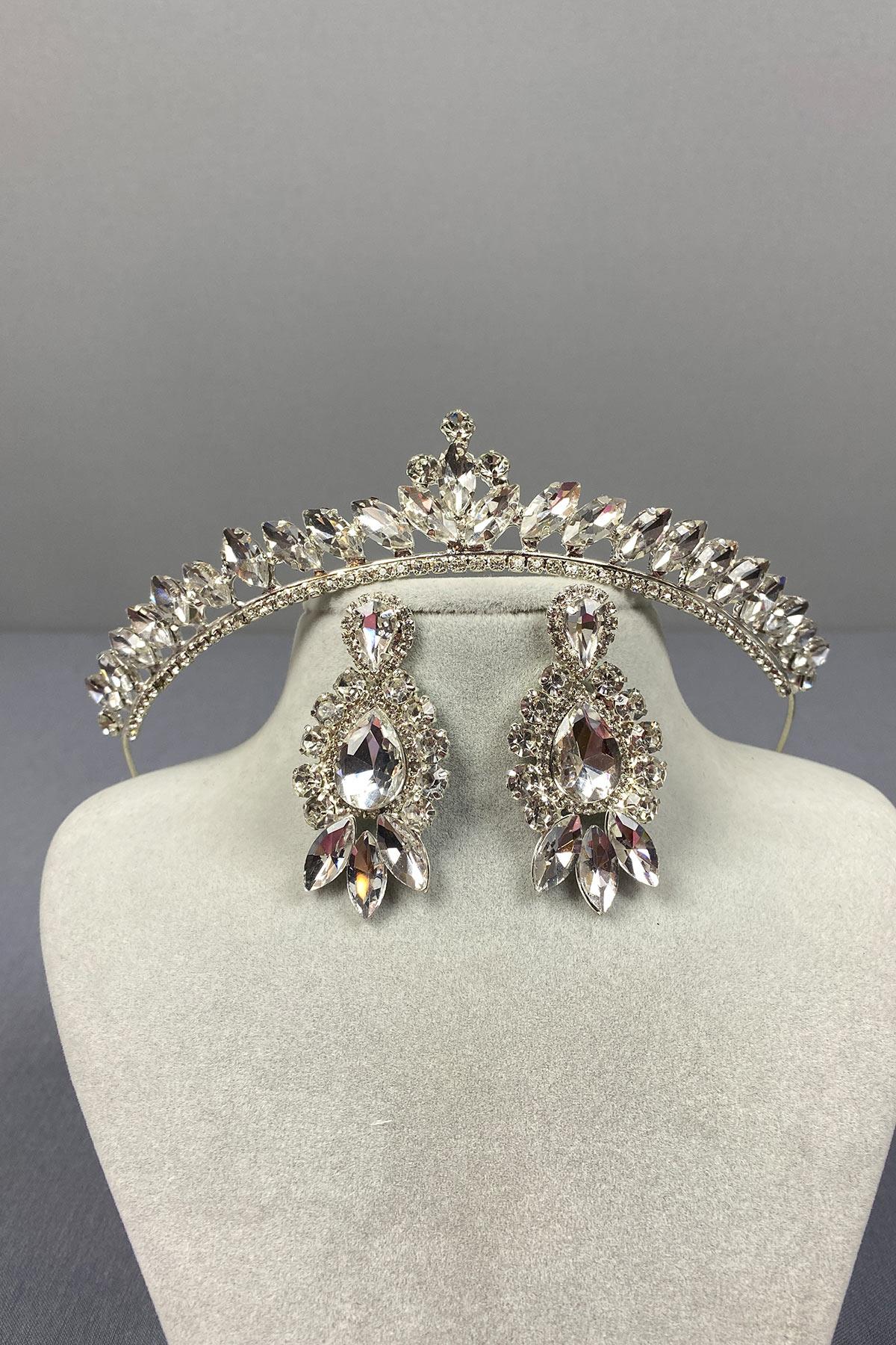 Silver Ece Bridal Crown and Drop Shuttle Stone Earring Set