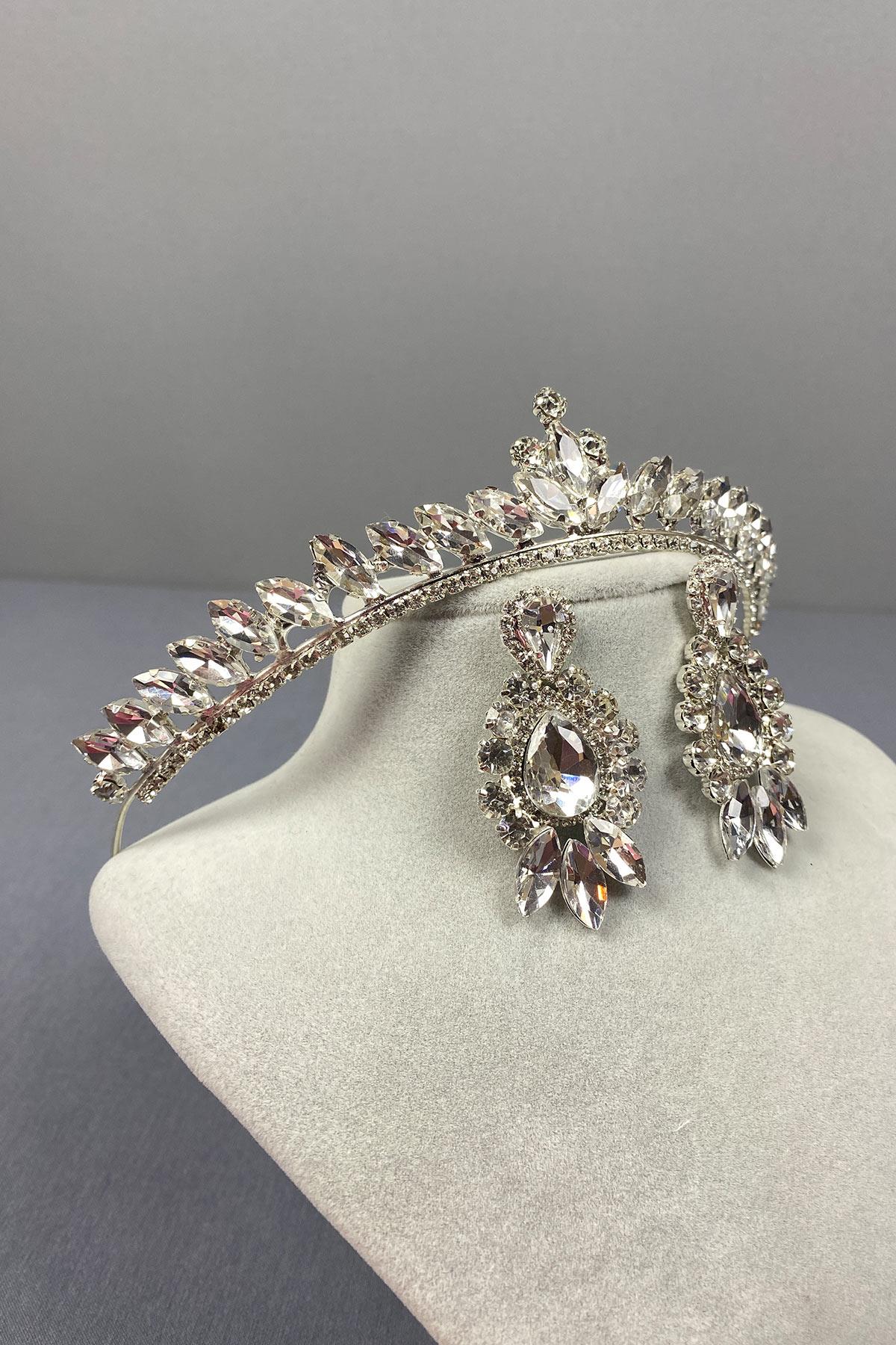 Silver Ece Bridal Crown and Drop Shuttle Stone Earring Set