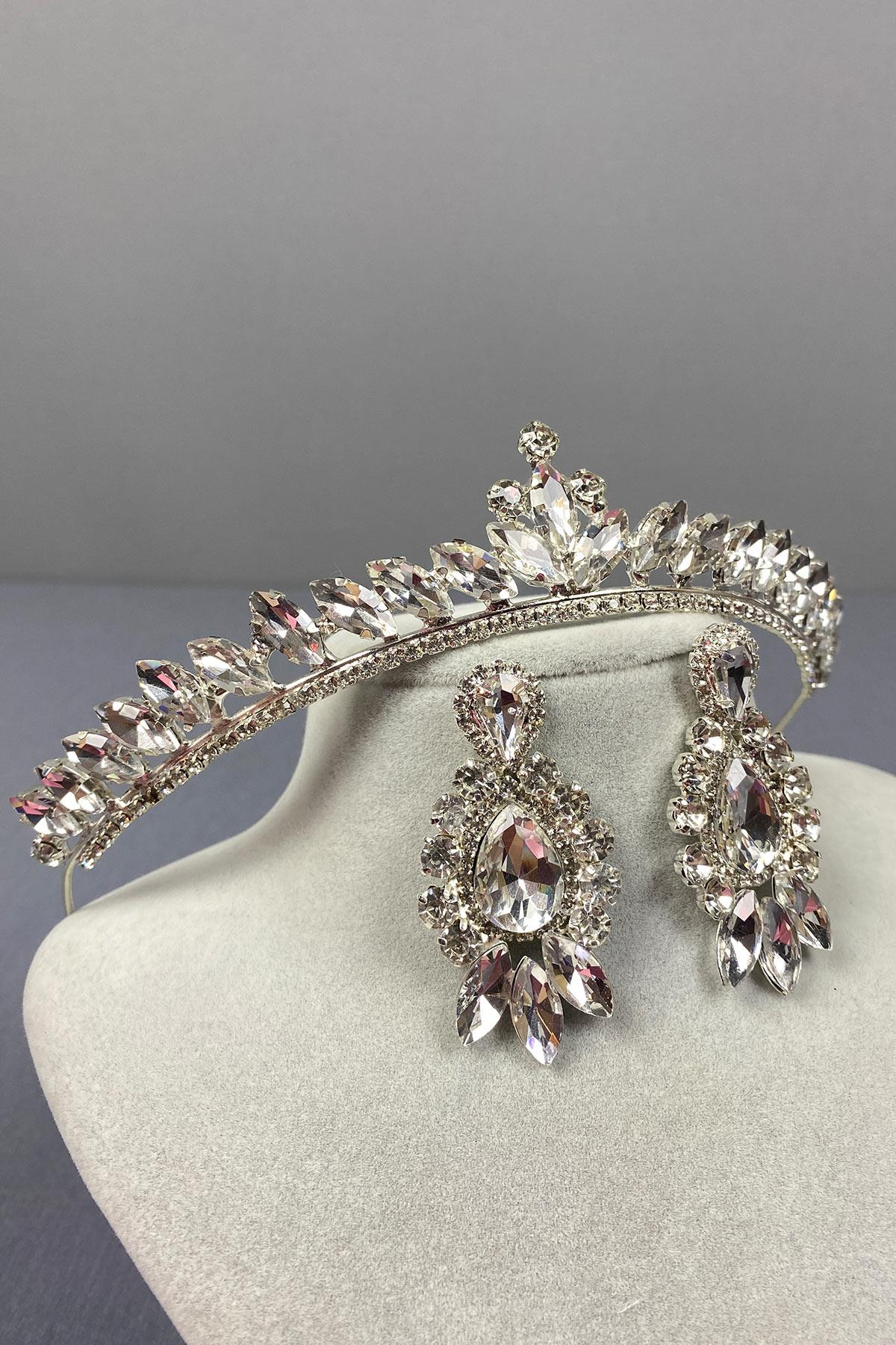 Silver Ece Bridal Crown and Drop Shuttle Stone Earring Set