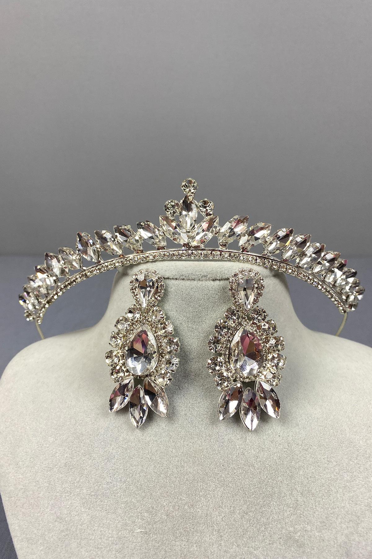 Silver Ece Bridal Crown and Drop Shuttle Stone Earring Set