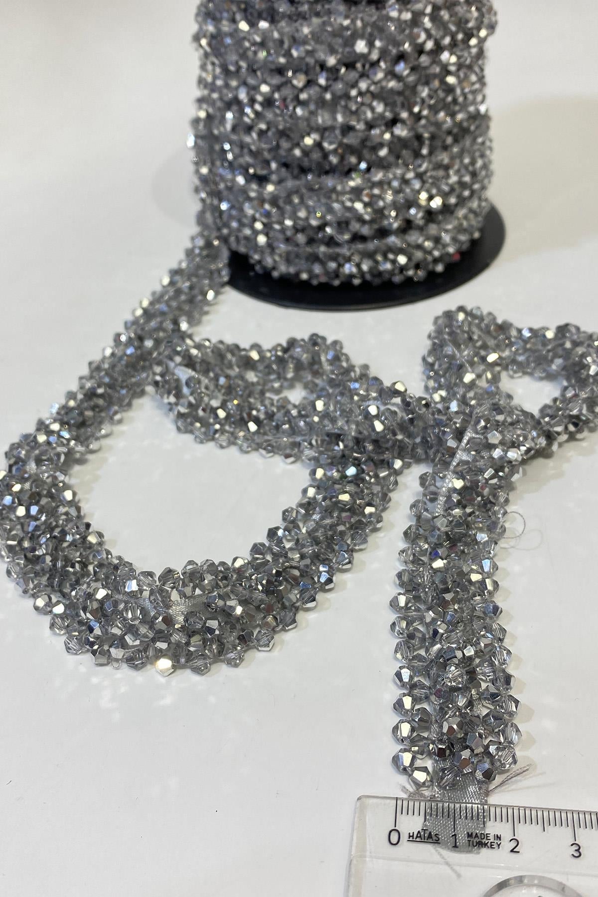Silver Wide Crystal Beaded Embroidered Ribbon
