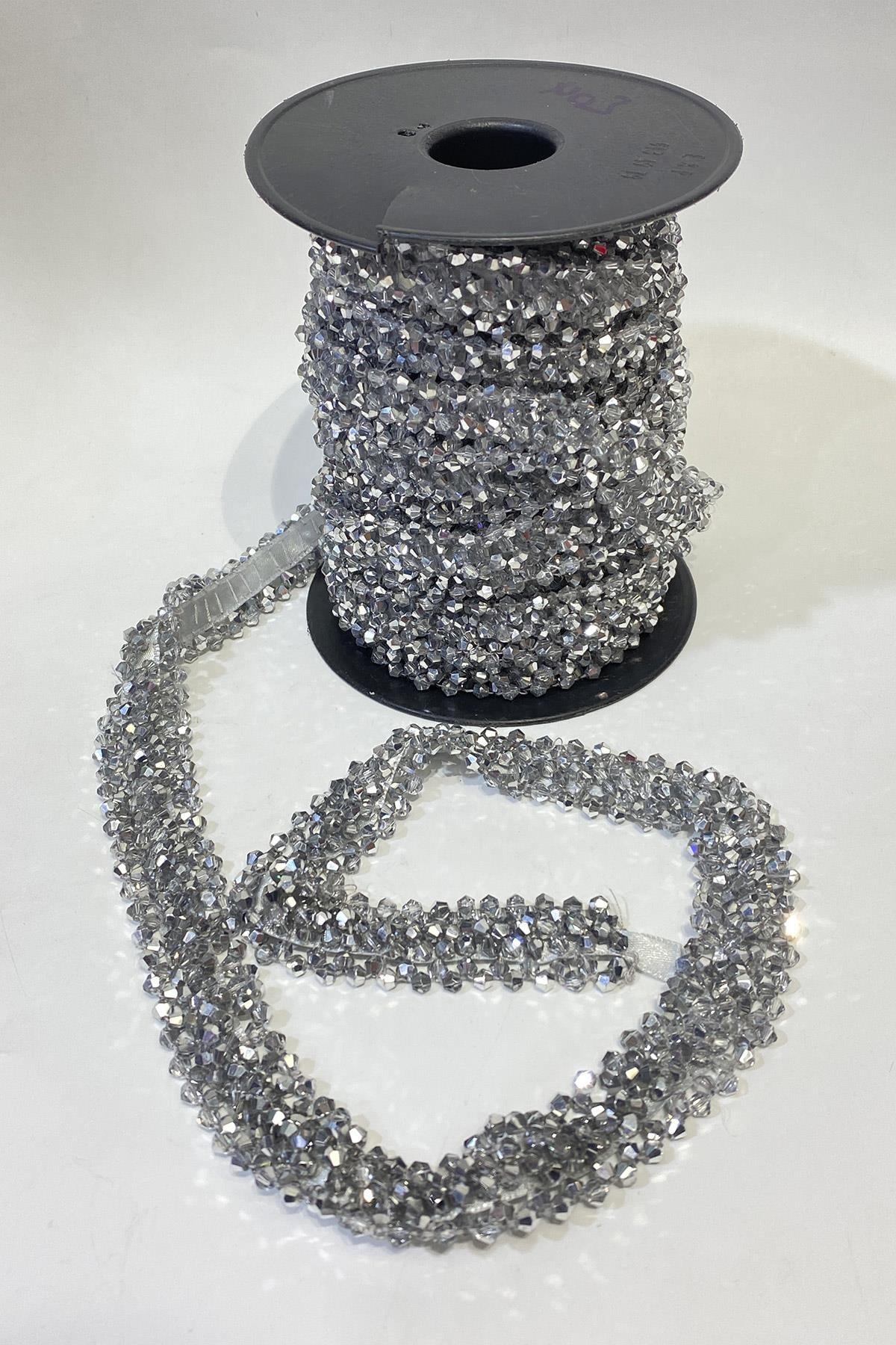Silver Wide Crystal Beaded Embroidered Ribbon