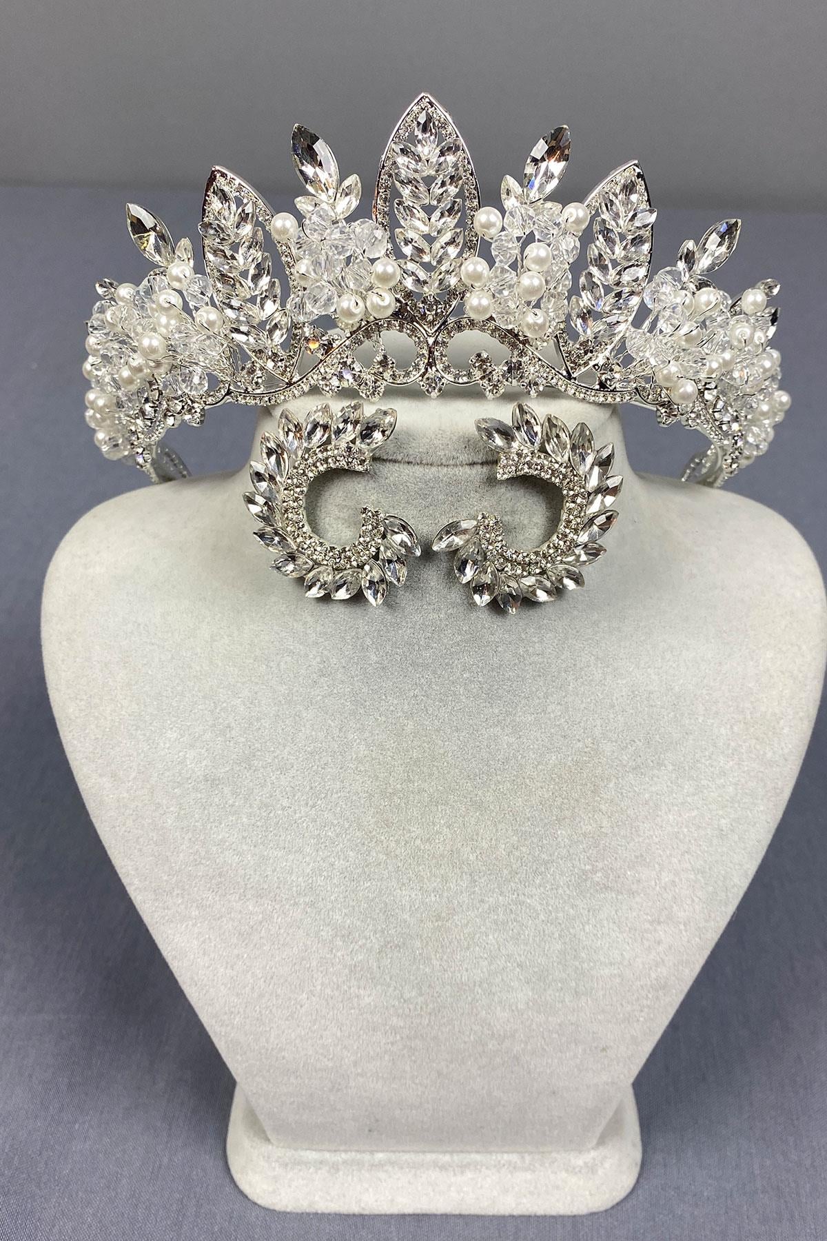Silver Jabbah Bead Embroidered Bridal Henna Crown and Round Earrings