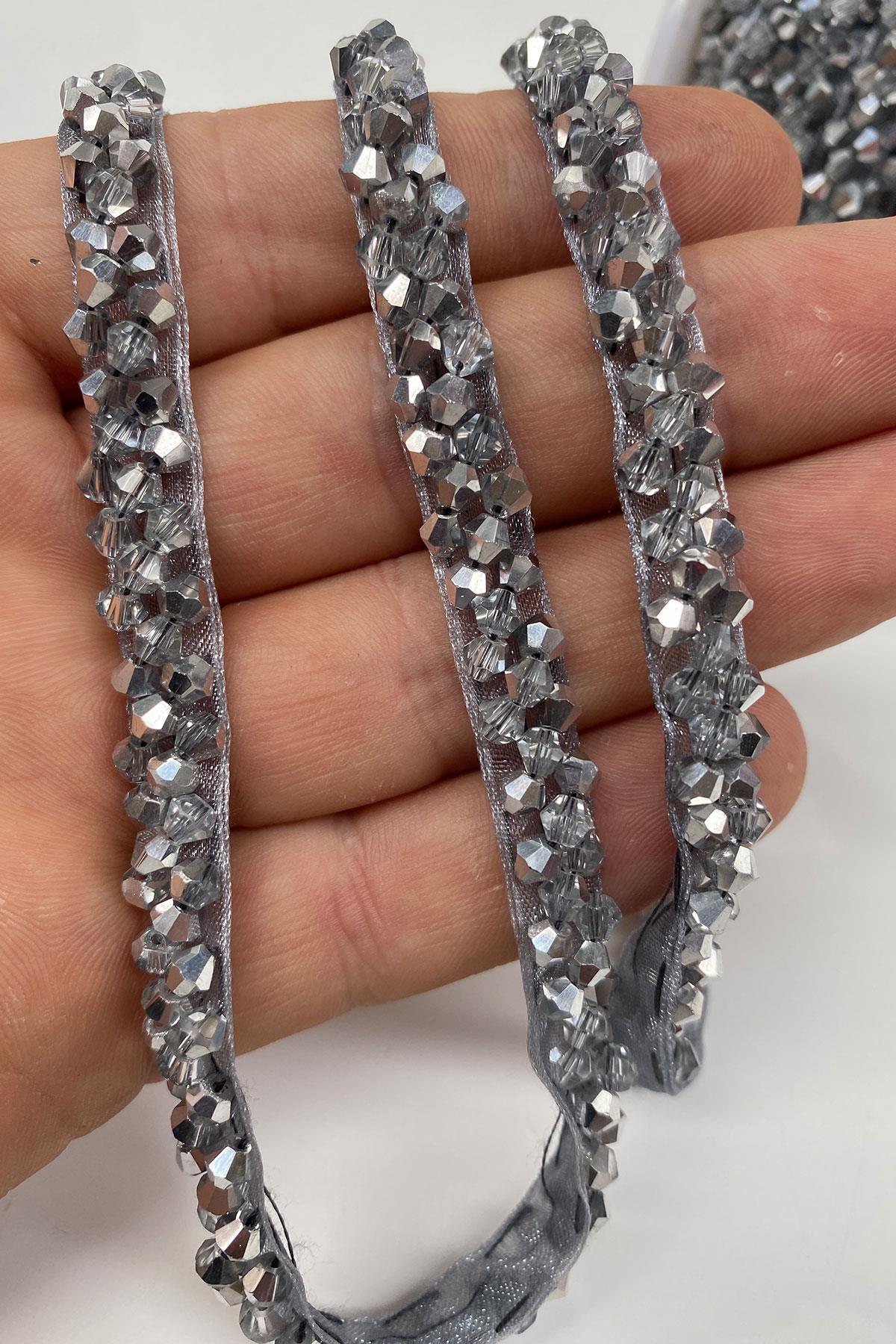 Silver Crystal Bead Embroidered Ribbon