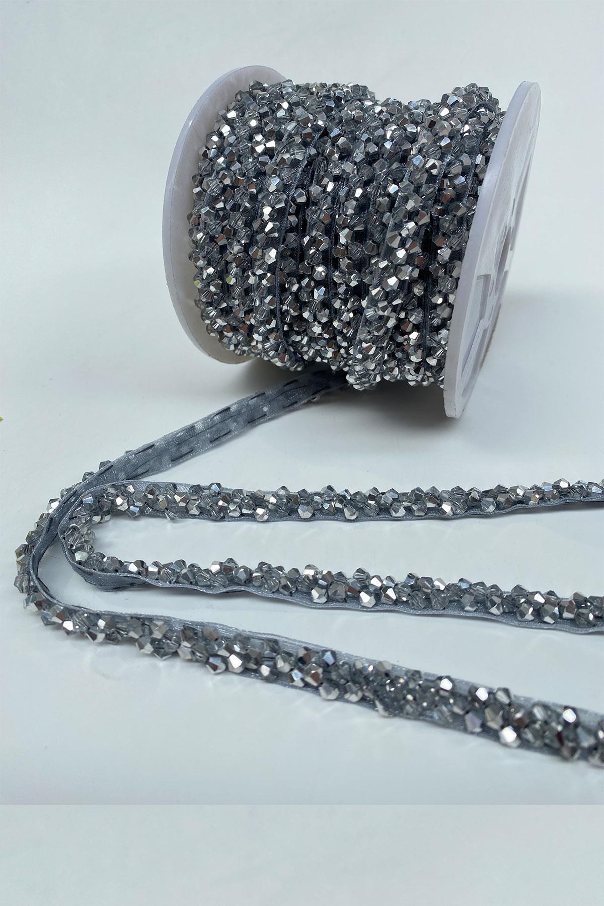 Silver Crystal Bead Embroidered Ribbon