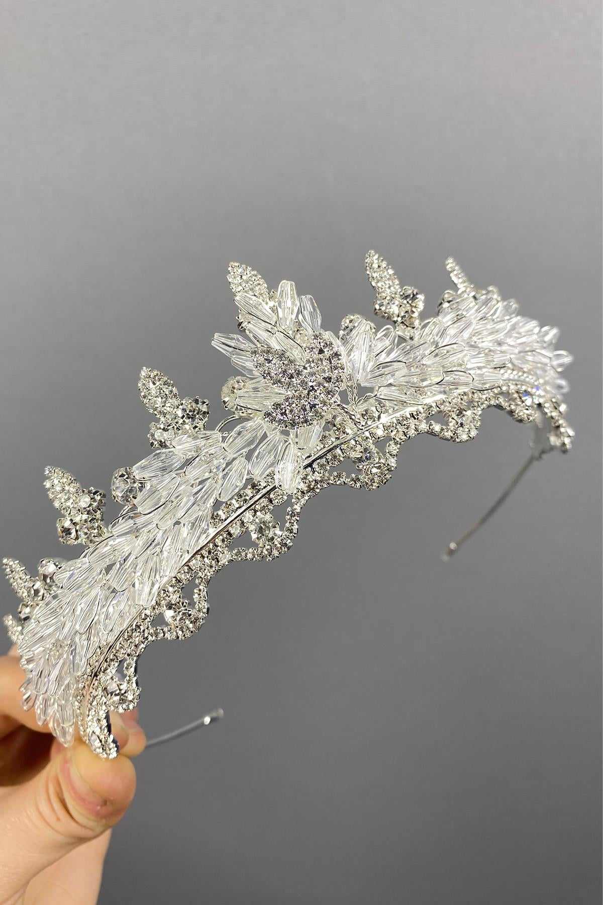Silver Lena Crystal Beaded Bridal Crown