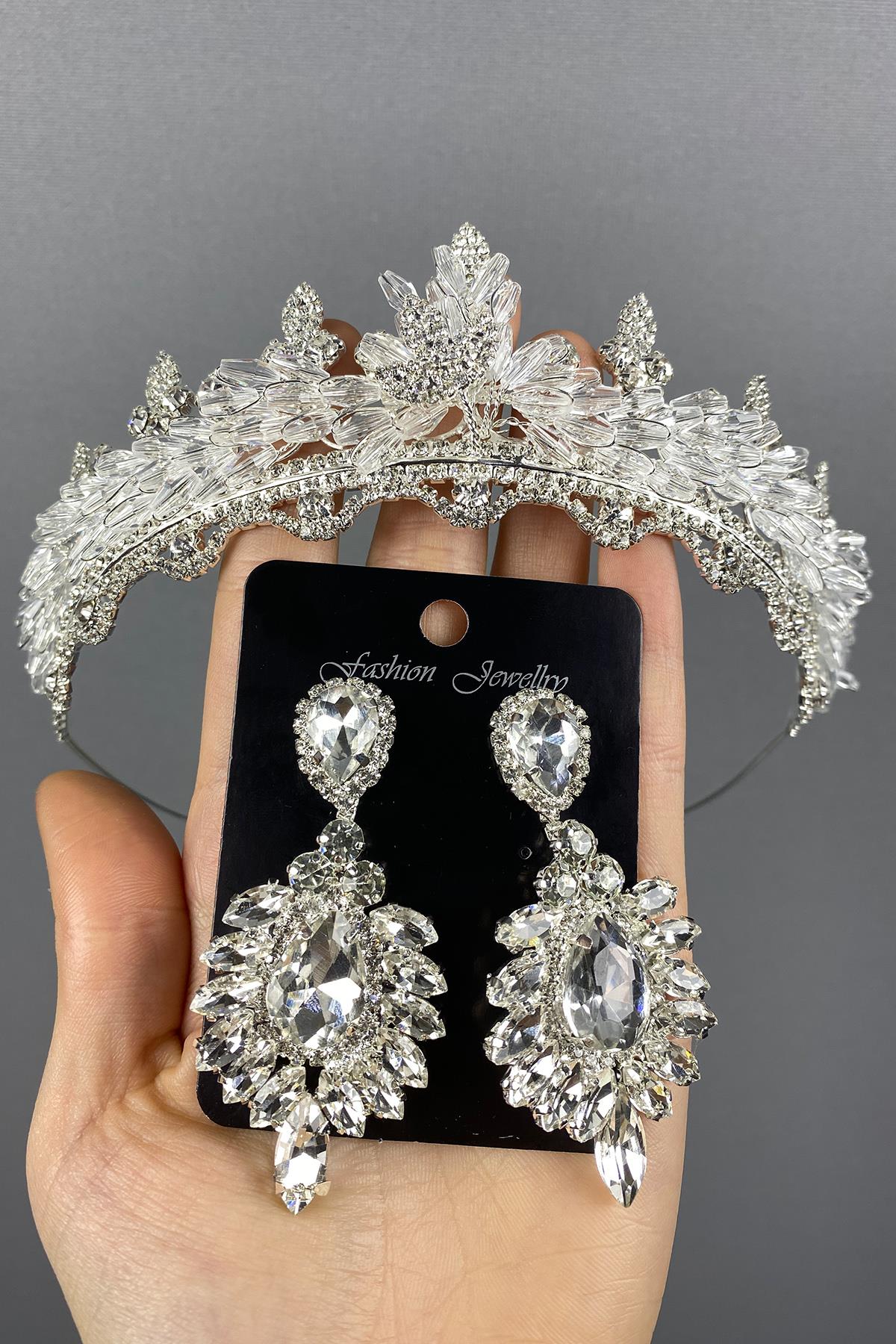 Silver Lena Crystal Bridal Crown And Stone Earring Set