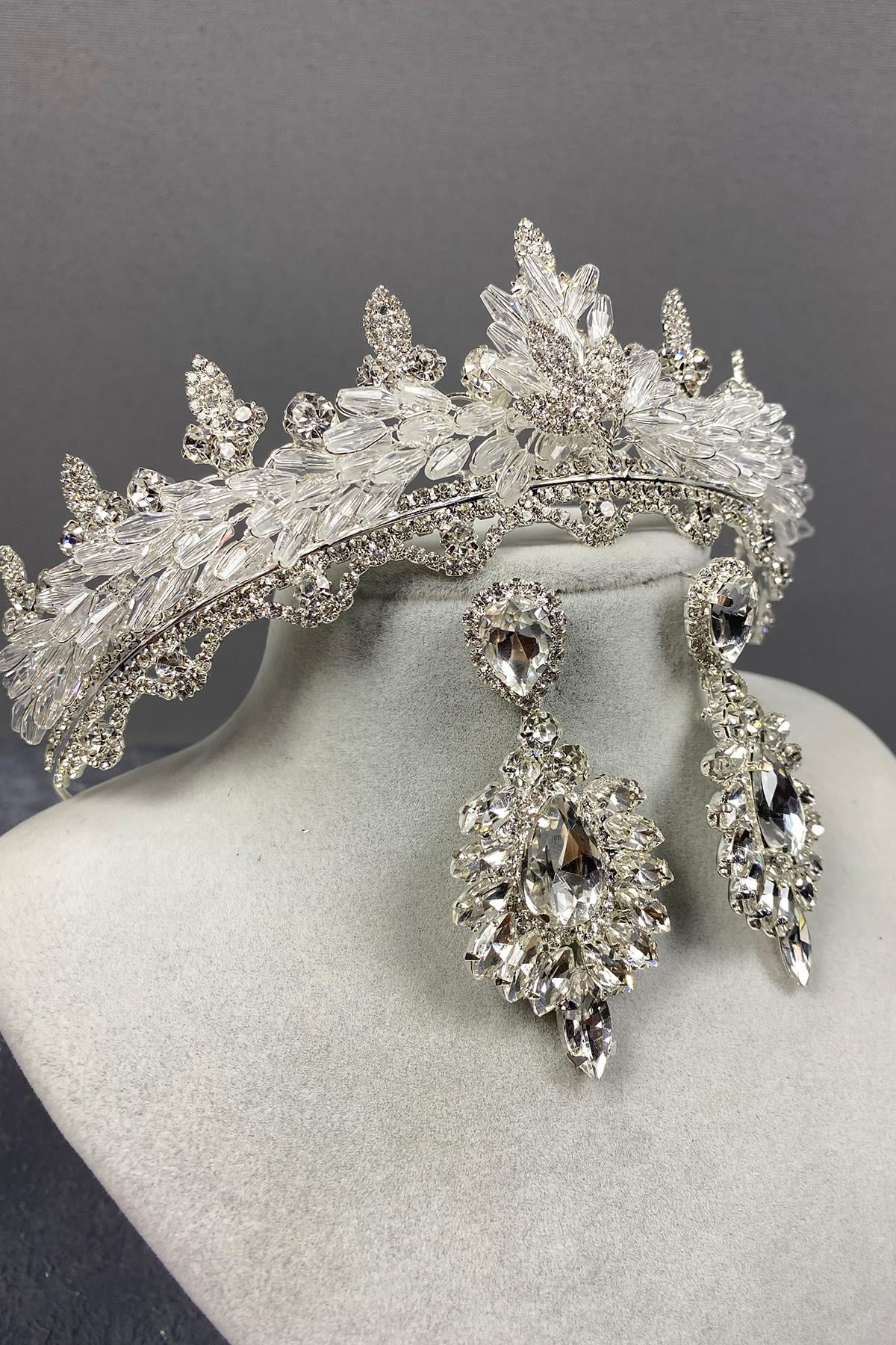 Silver Lena Crystal Bridal Crown And Stone Earring Set