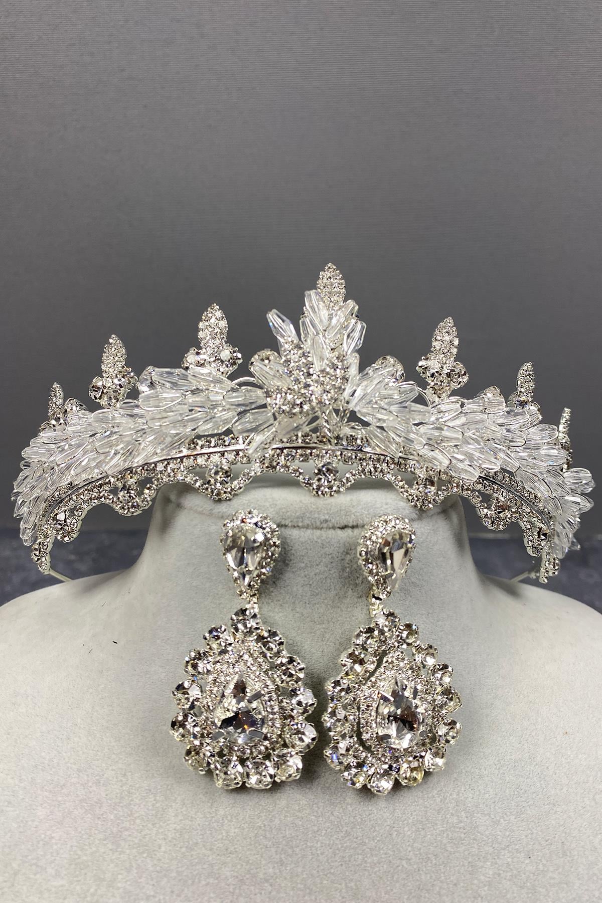 Silver Lena Crystal Bridal Crown And Stone Earring Set