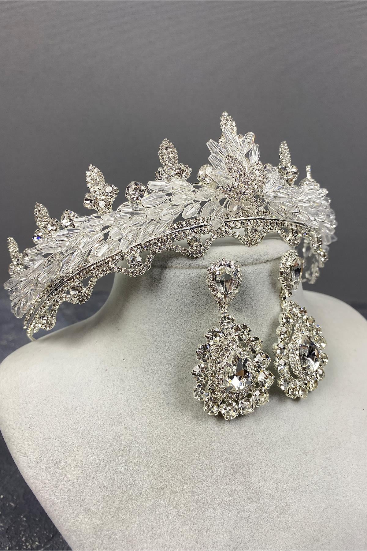 Silver Lena Crystal Bridal Crown And Stone Earring Set