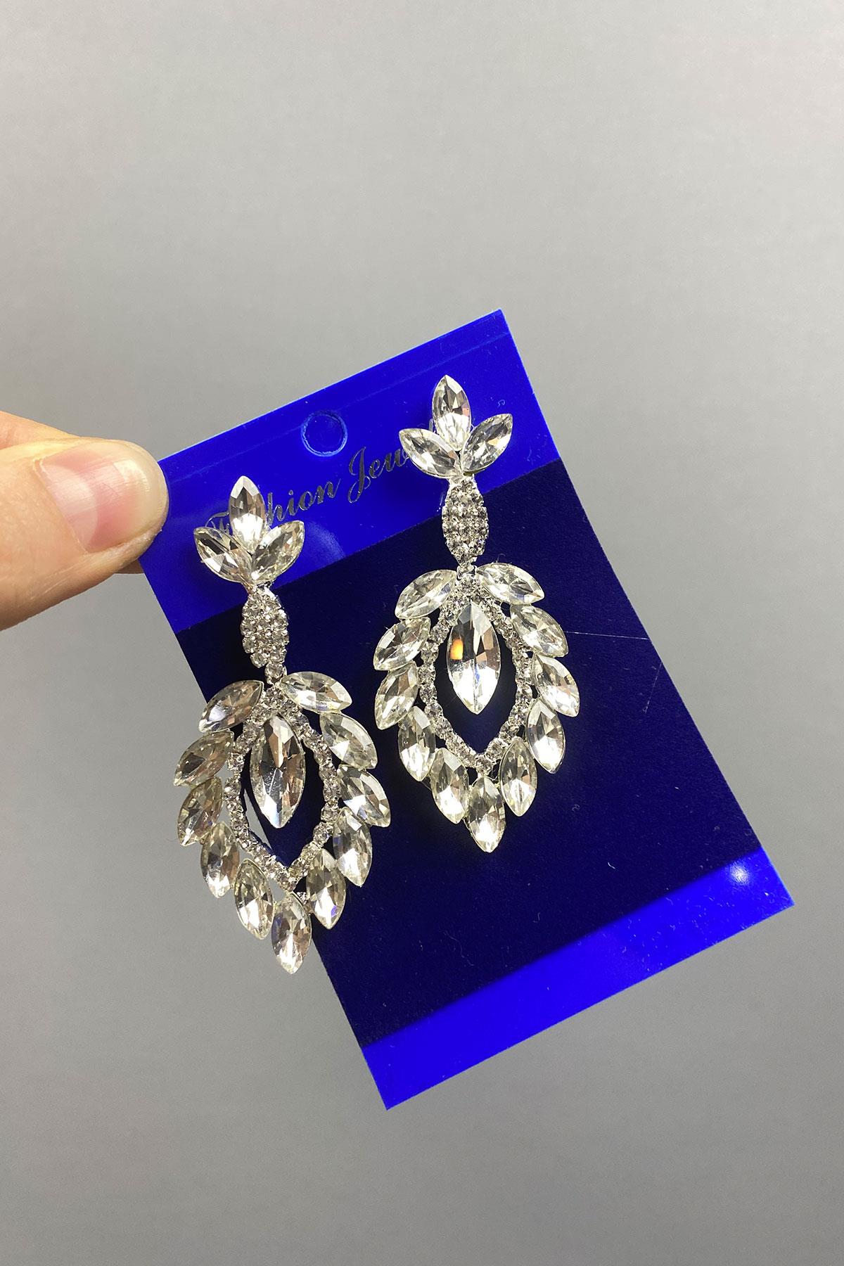Silver Shuttle Duru Leaf Patterned Stone Evening Dress Earrings