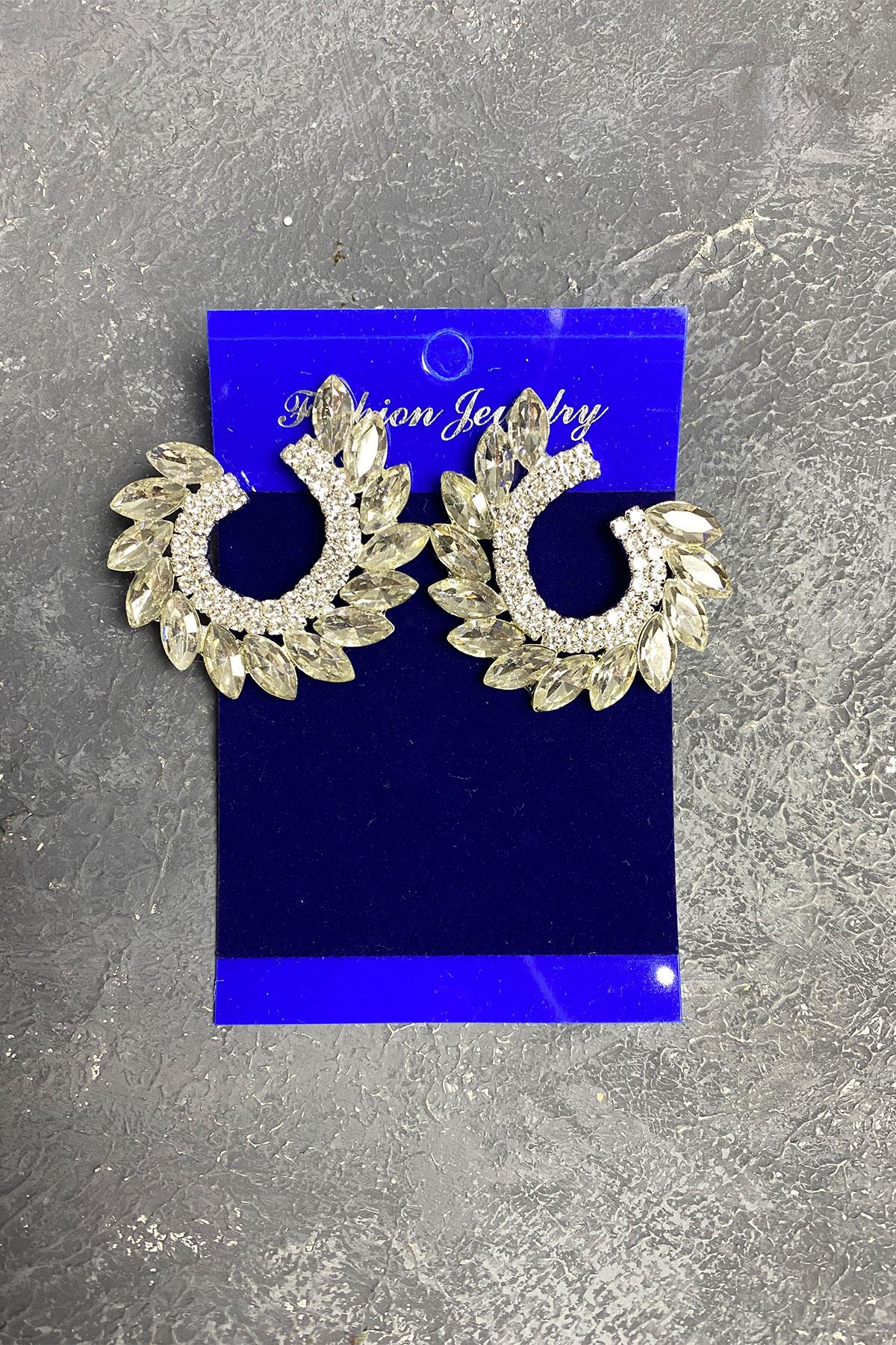 Silver Shuttle Hera Leaf Pattern Stone Evening Earrings