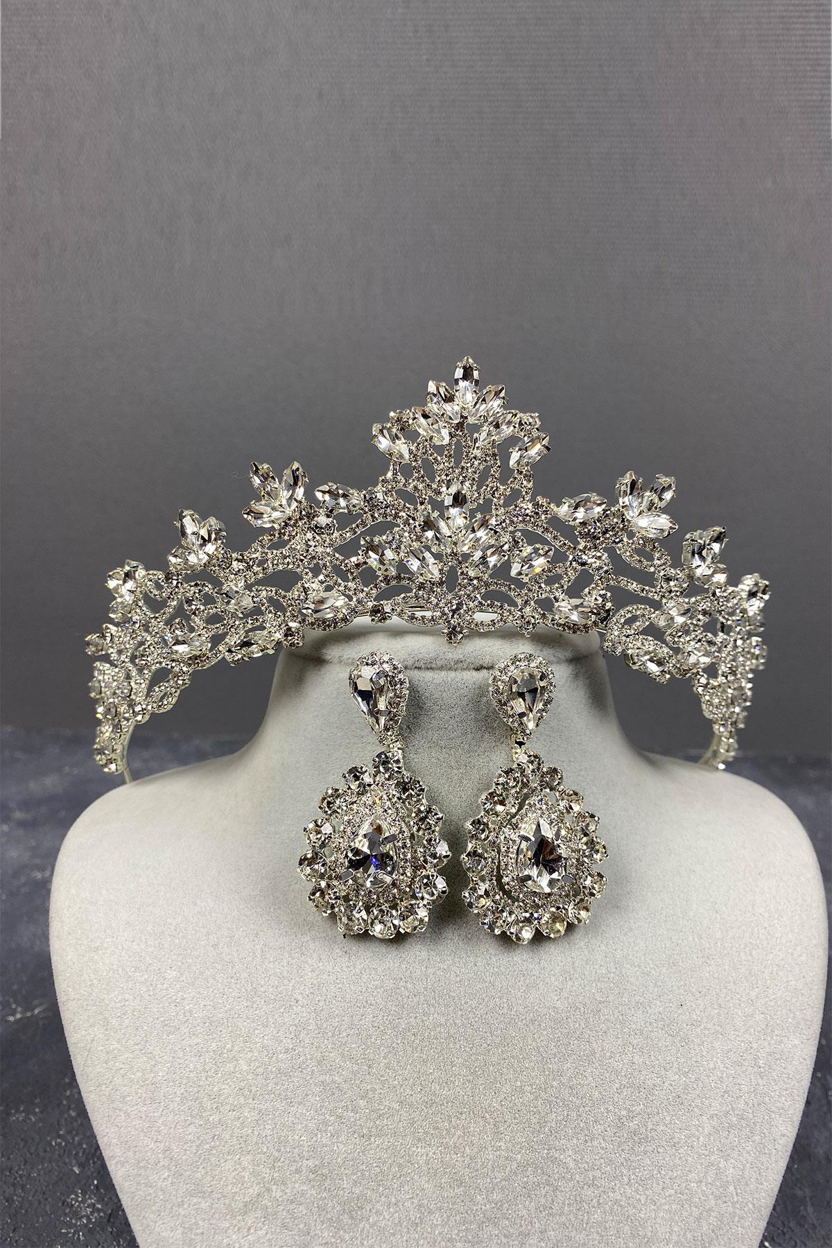 Silver Melis Bridal Henna Crown And Stone Drop Earrings