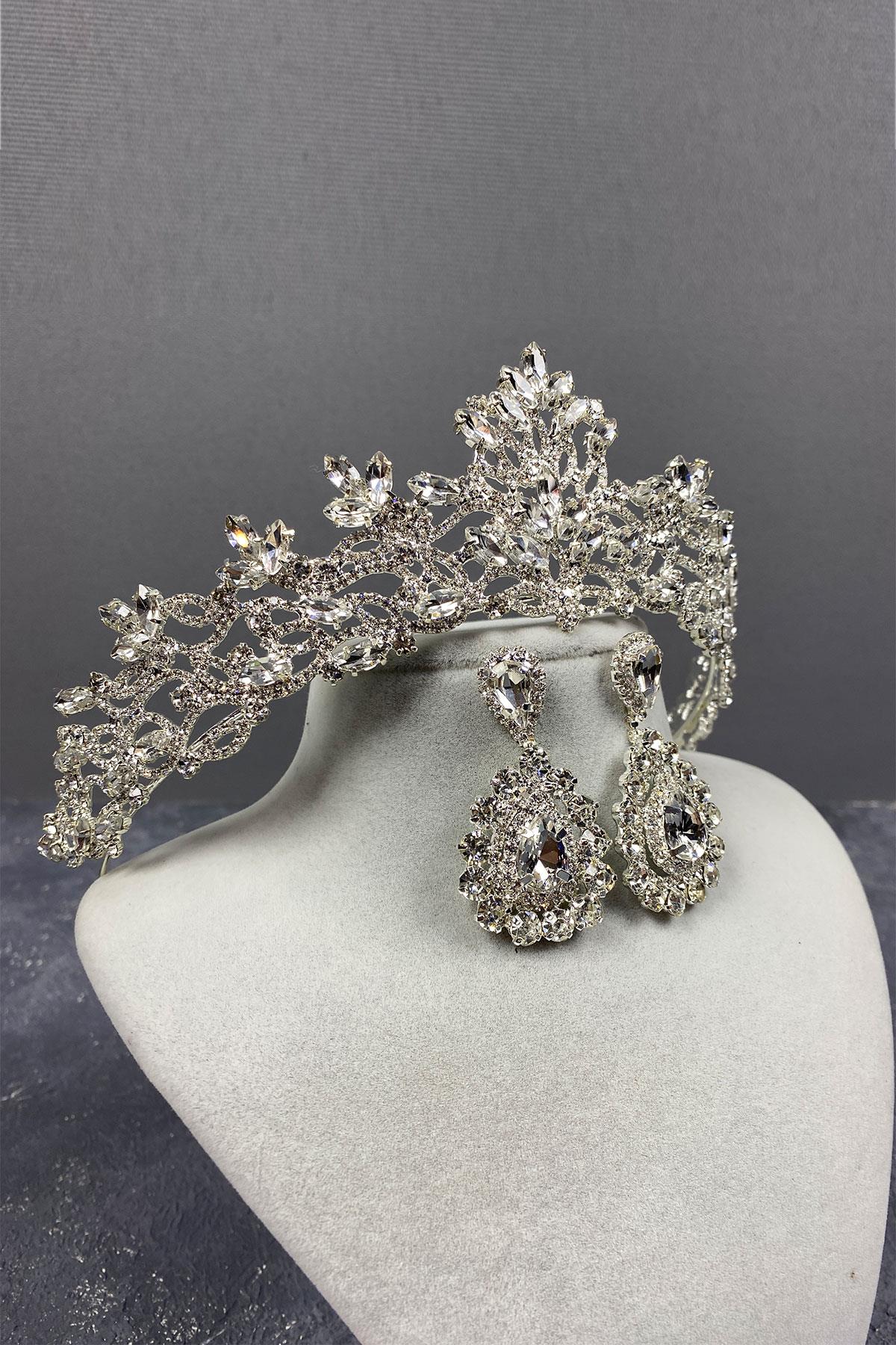 Silver Melis Bridal Henna Crown And Stone Drop Earrings