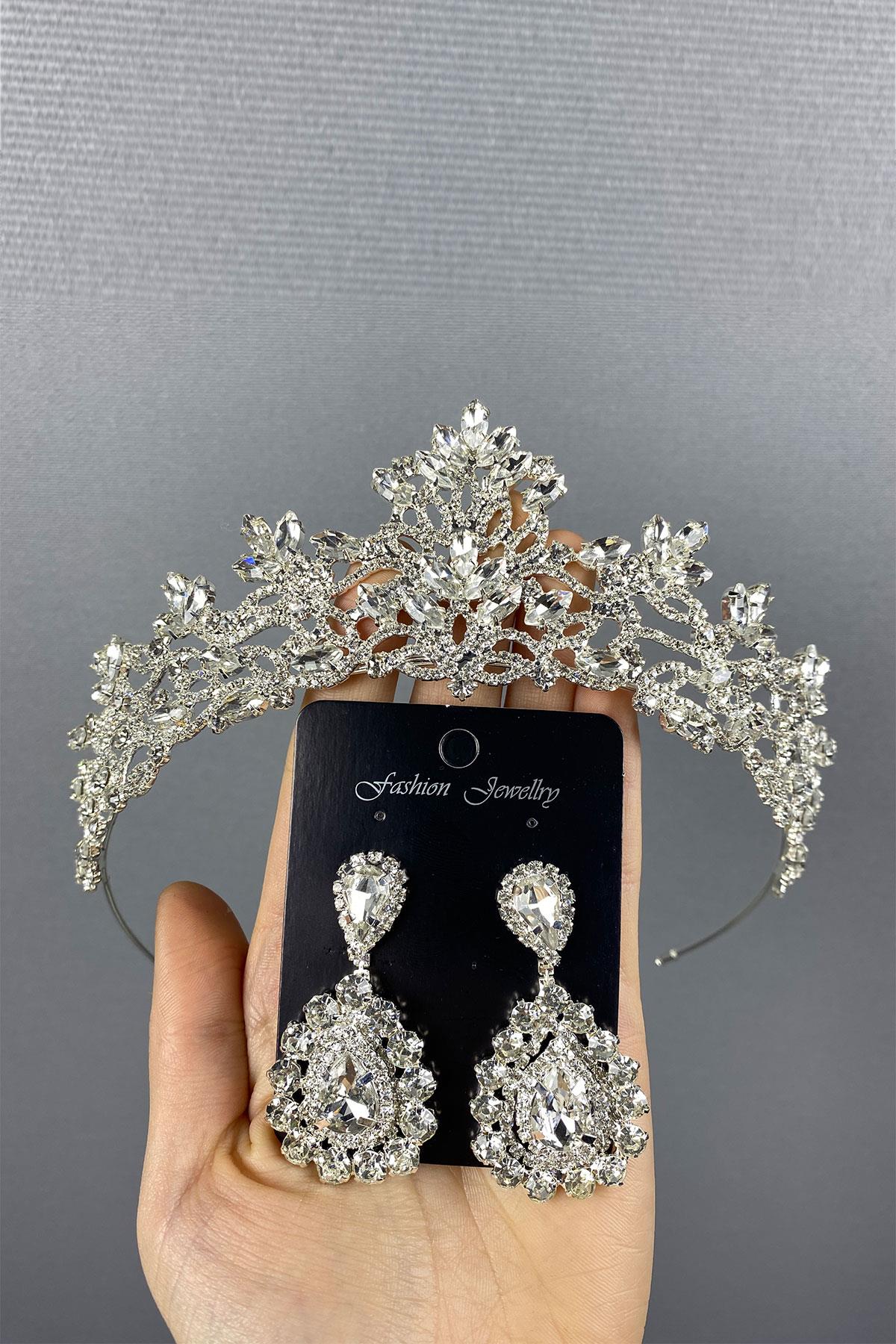 Silver Melis Bridal Henna Crown And Stone Drop Earrings