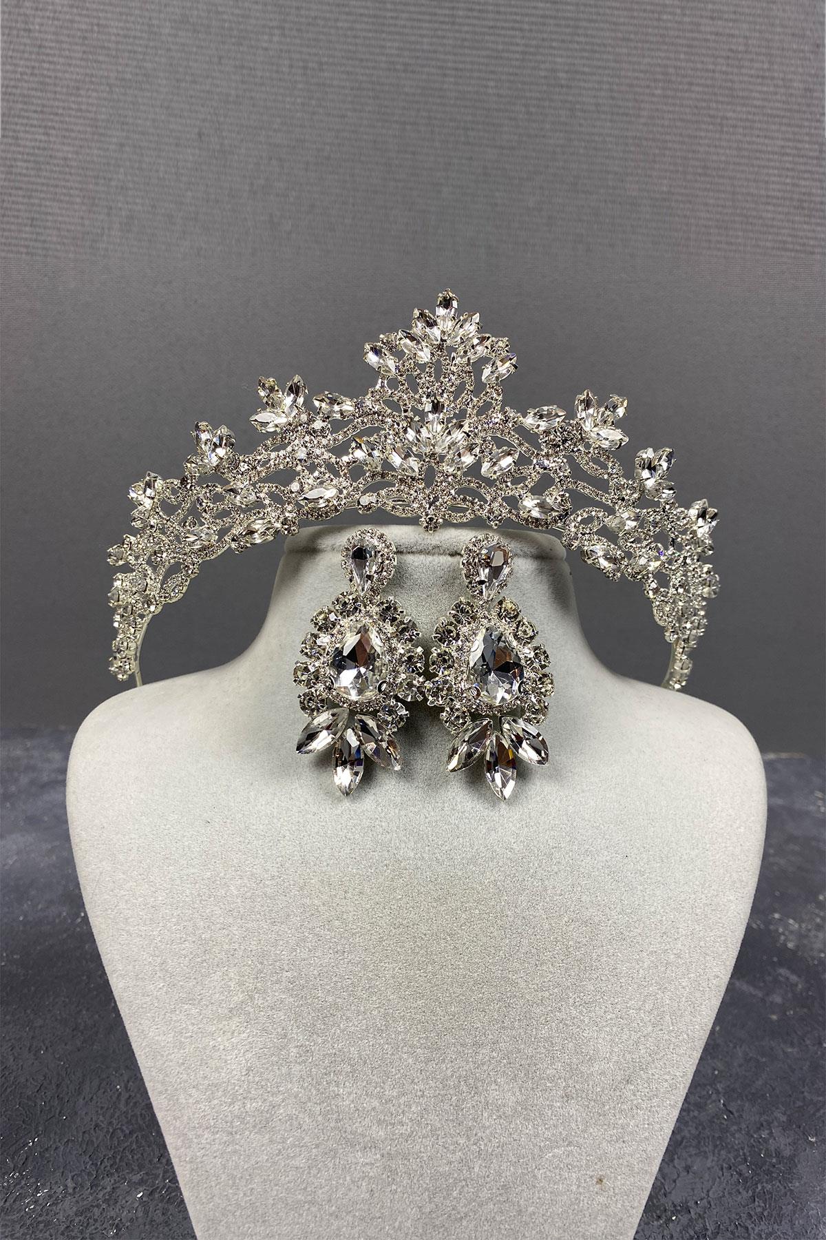 Silver Melis Bridal Henna Crown And Studded Earring Set
