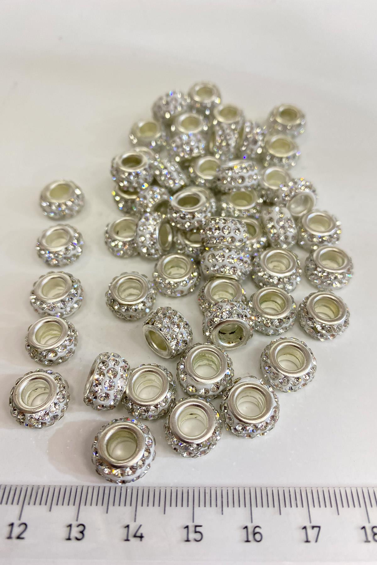 Gümüş Parlak Taşlı İri Delikli Boncuk 12 mm