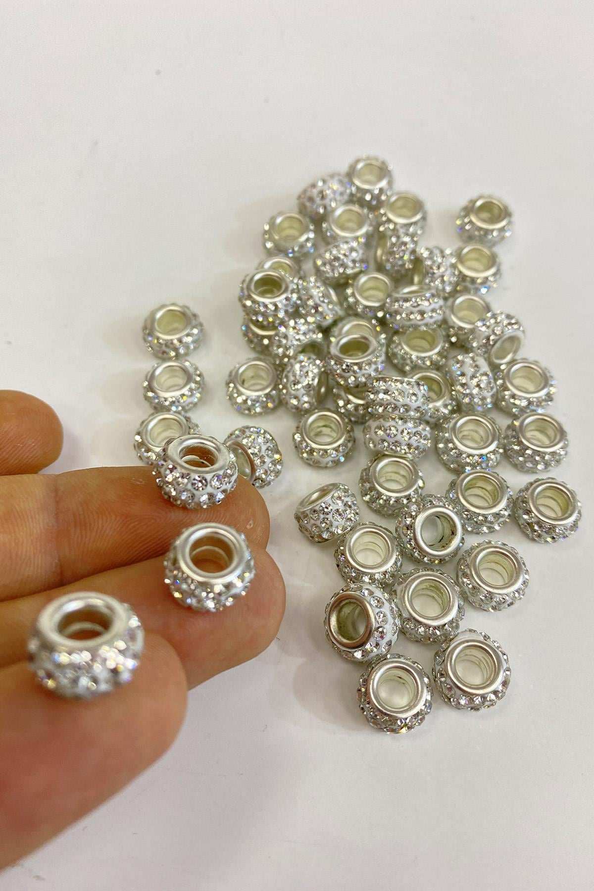 Gümüş Parlak Taşlı İri Delikli Boncuk 12 mm