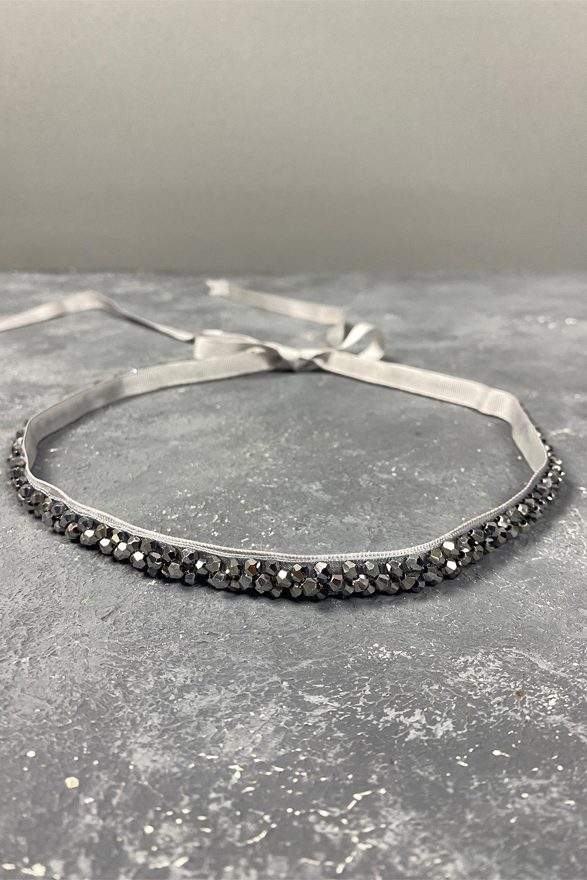 Gümüş Rengi Kristal Boncuklu Abiye Elbise Kemer Aksesuarı