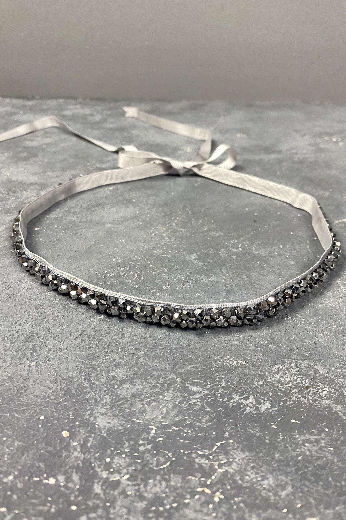 Gümüş Rengi Kristal Boncuklu Abiye Elbise Kemer Aksesuarı