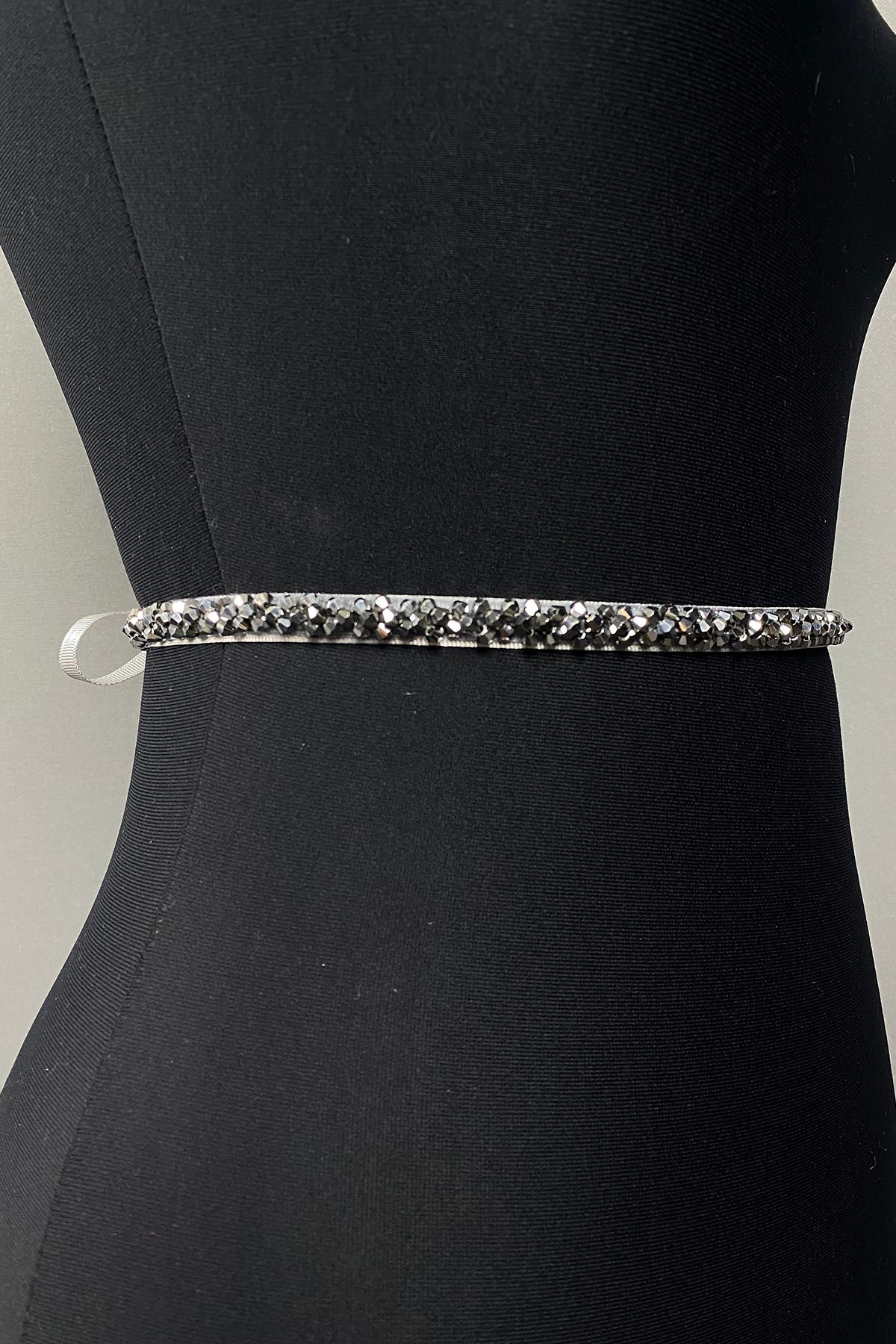 Gümüş Rengi Kristal Boncuklu Abiye Elbise Kemer Aksesuarı