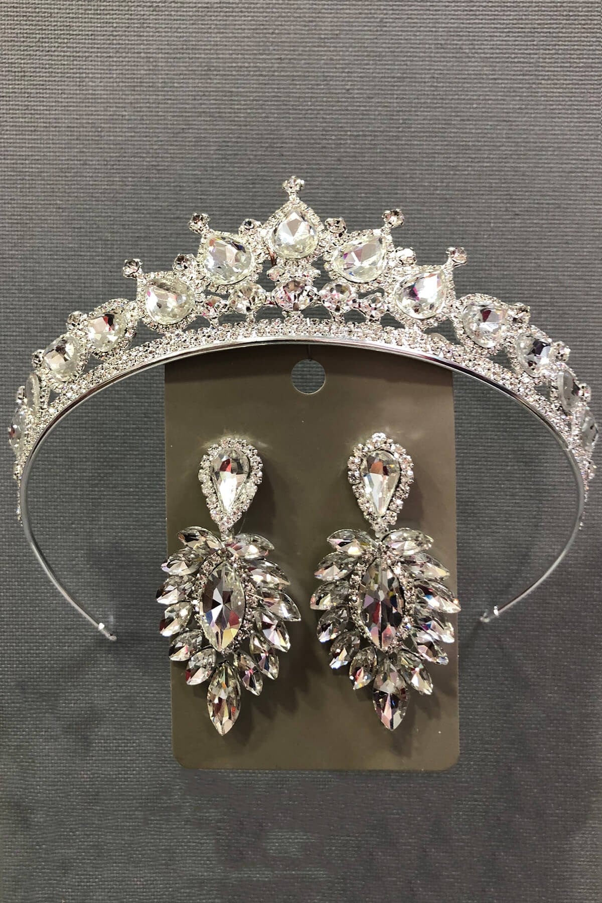 Silver Color Henna Crown And Earring Set With Crystal Glass Stone