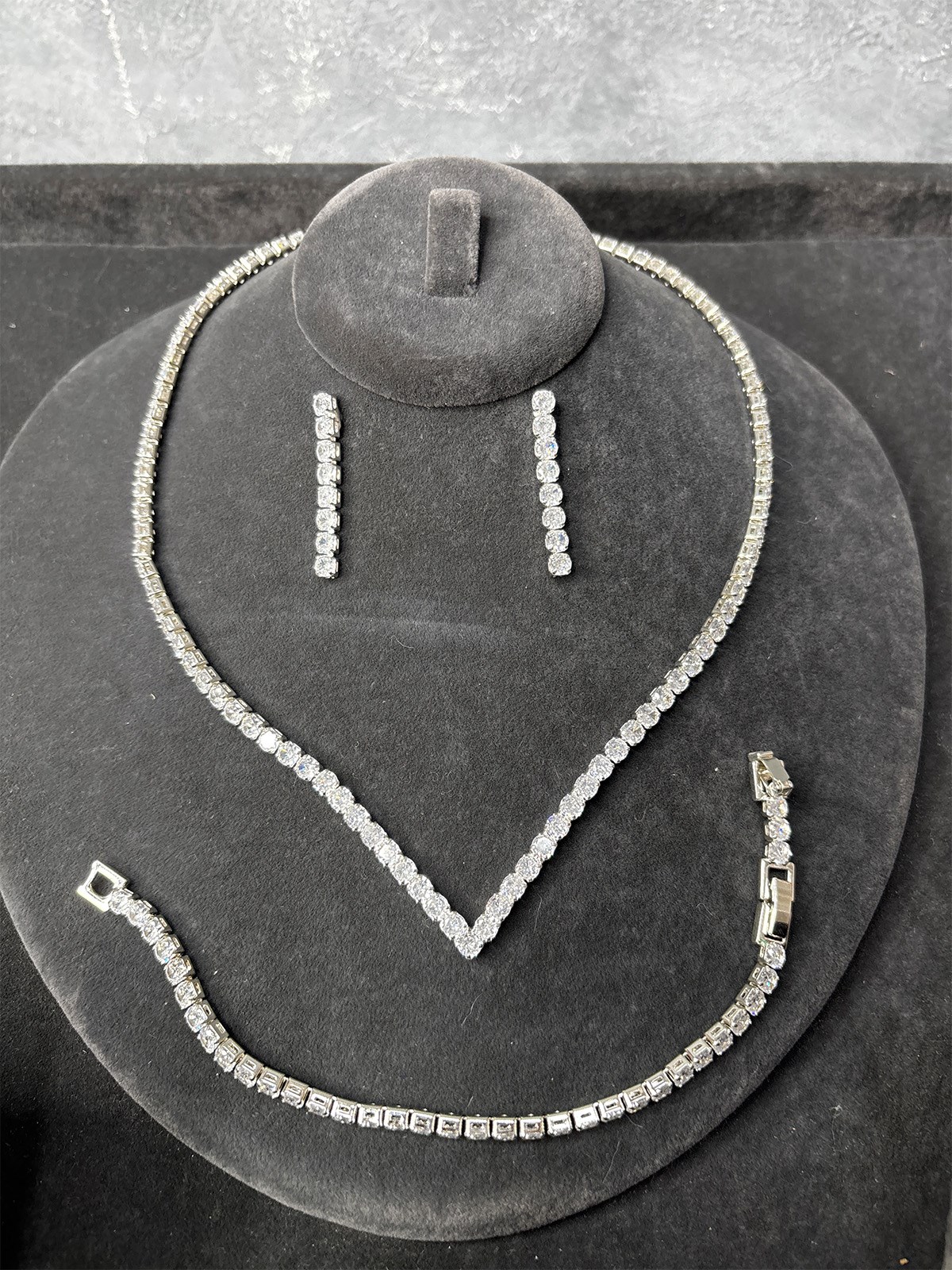 Gümüş Rengi Zirkon Kolye Küpe Bileklik 3lü Set / Takı Seti Abiye Düğün Takı