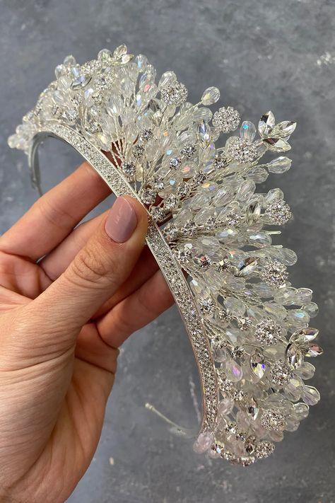 Gümüş Renk Akbahar Kristal Boncuklu Gelin Kına Tacı