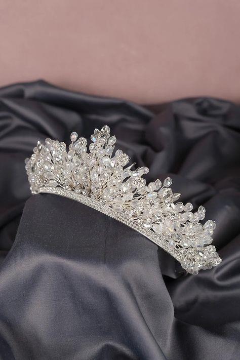 Gümüş Renk Akbahar Kristal Boncuklu Gelin Kına Tacı