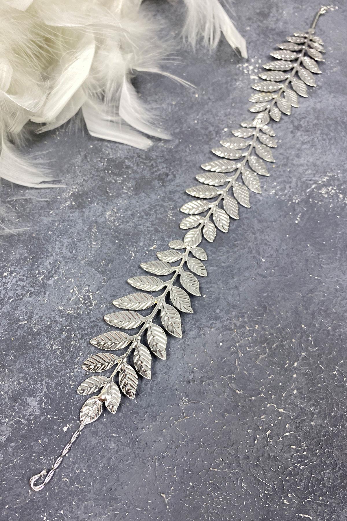 Gümüş Renk Metal İnce Yapraklı Tasarım Gelin Tacı Saç Aksesuarı