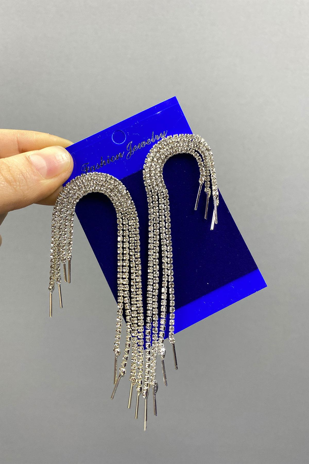 Gümüş Sallantılı Abiye Taşlı Küpe