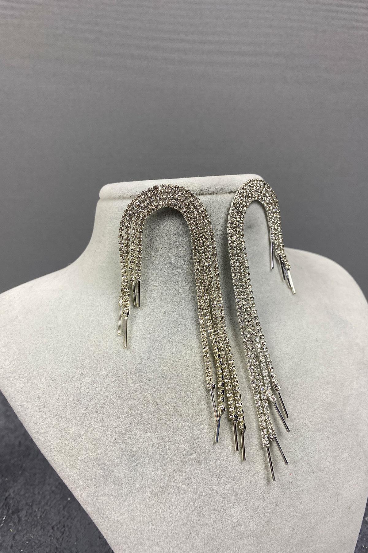 Gümüş Sallantılı Abiye Taşlı Küpe