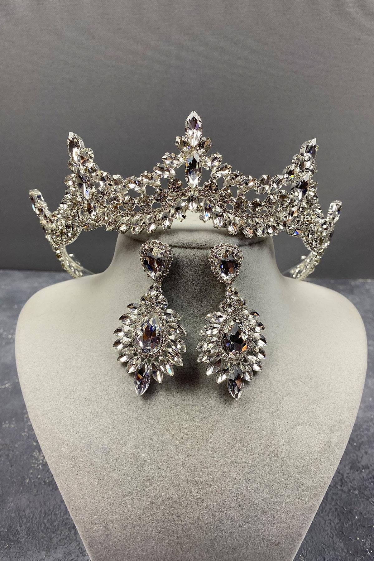 Silver Venetian Stone Bridal Crown And Drop Stud Earring Set