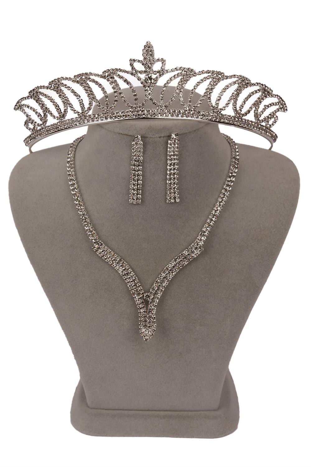 Hira Crystal Stone Evening Dress Necklace Earring Set and Tulip Bridal Crown