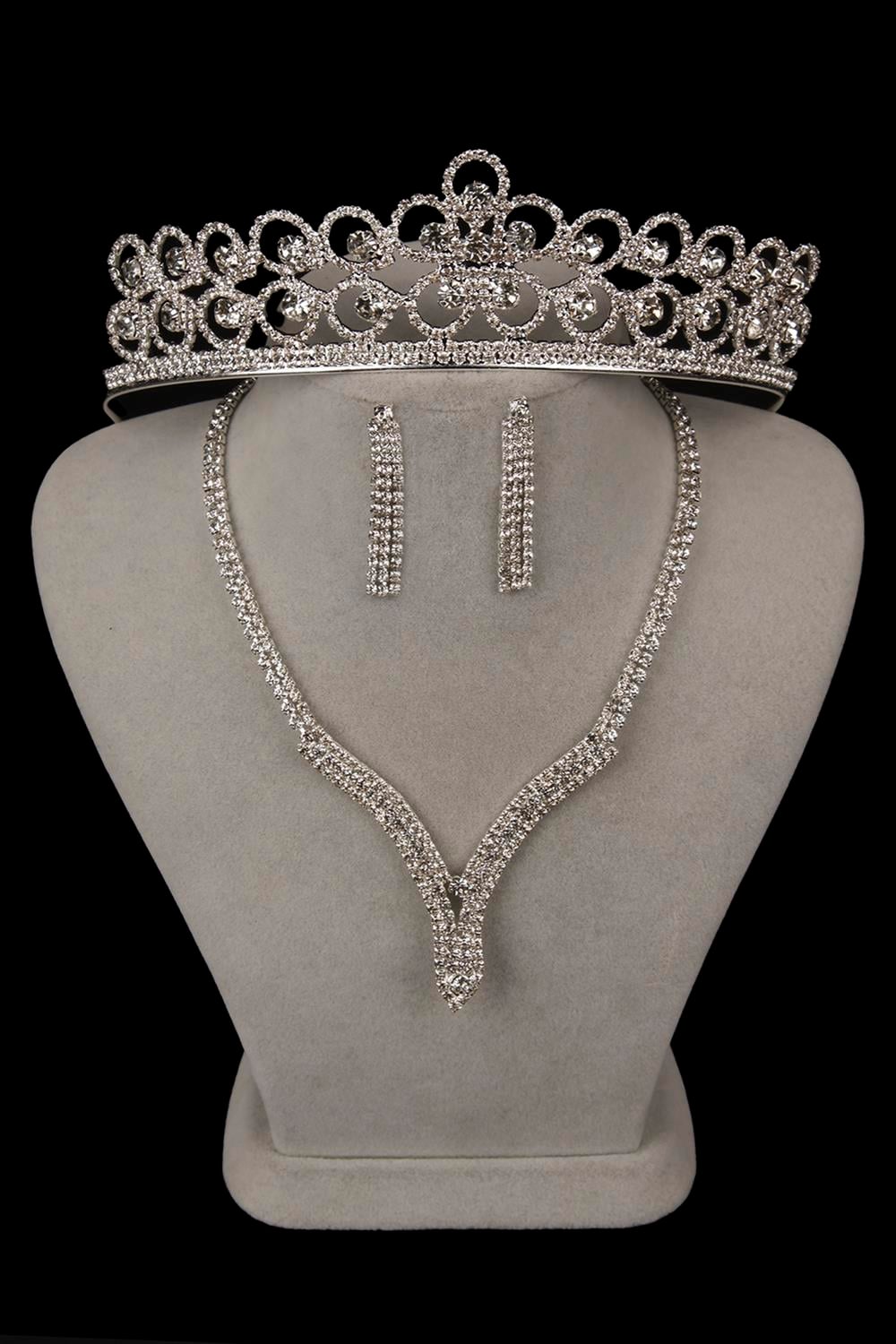 Hira Crystal Stone Evening Dress Necklace Earring Set and Flower Bridal Crown