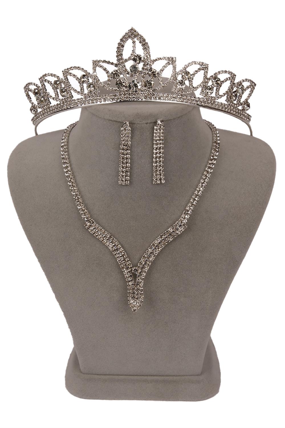 Hira Crystal Stone Evening Dress Necklace Earring Set and Leaf Bridal Crown