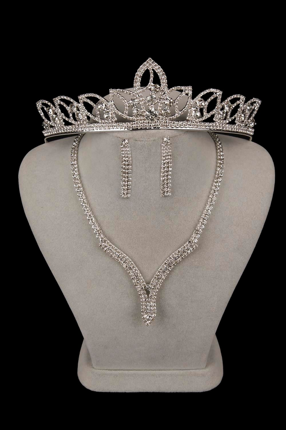 Hira Crystal Stone Evening Dress Necklace Earring Set and Leaf Bridal Crown