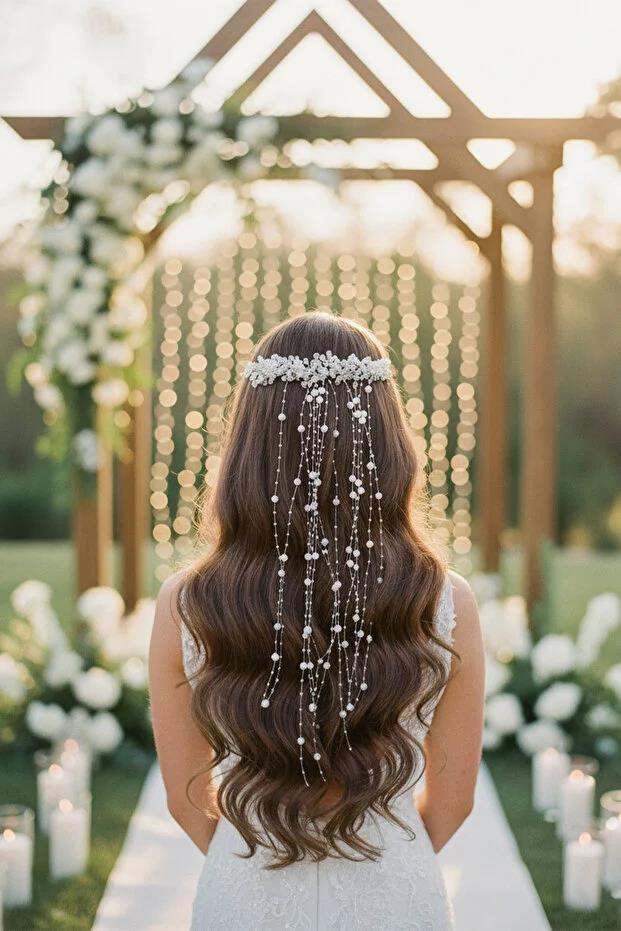 Long Dangle Bridal Hair Accessory with Pearl and Crystal Details – Wedding/Marriage Accessory