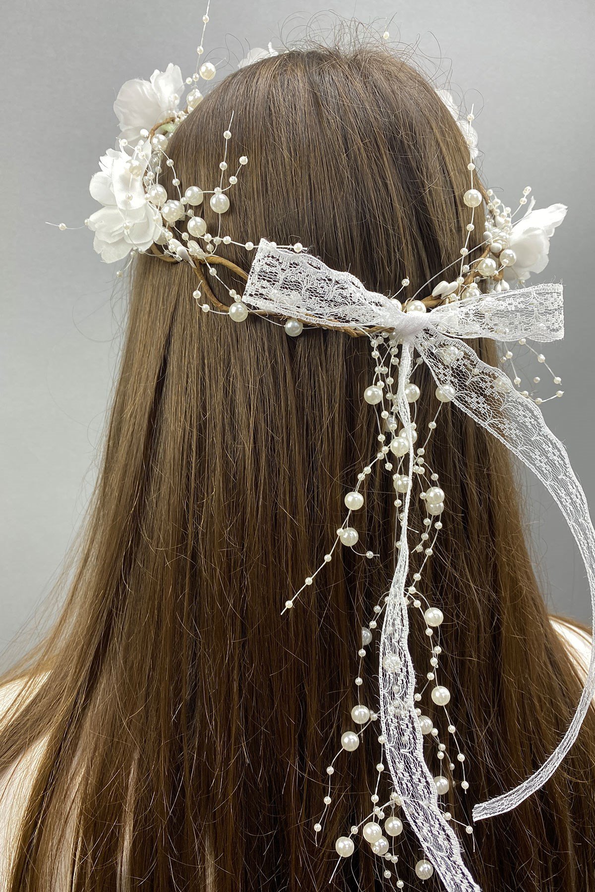 İncili Çiçekli Özel Tasarım Gelin Tacı ve Saç Aksesuarı