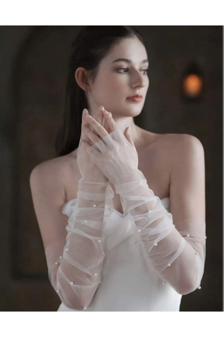 İncili Eldiven Büzgülü Gelin Eldiveni Drapeli Nikah Eldiveni