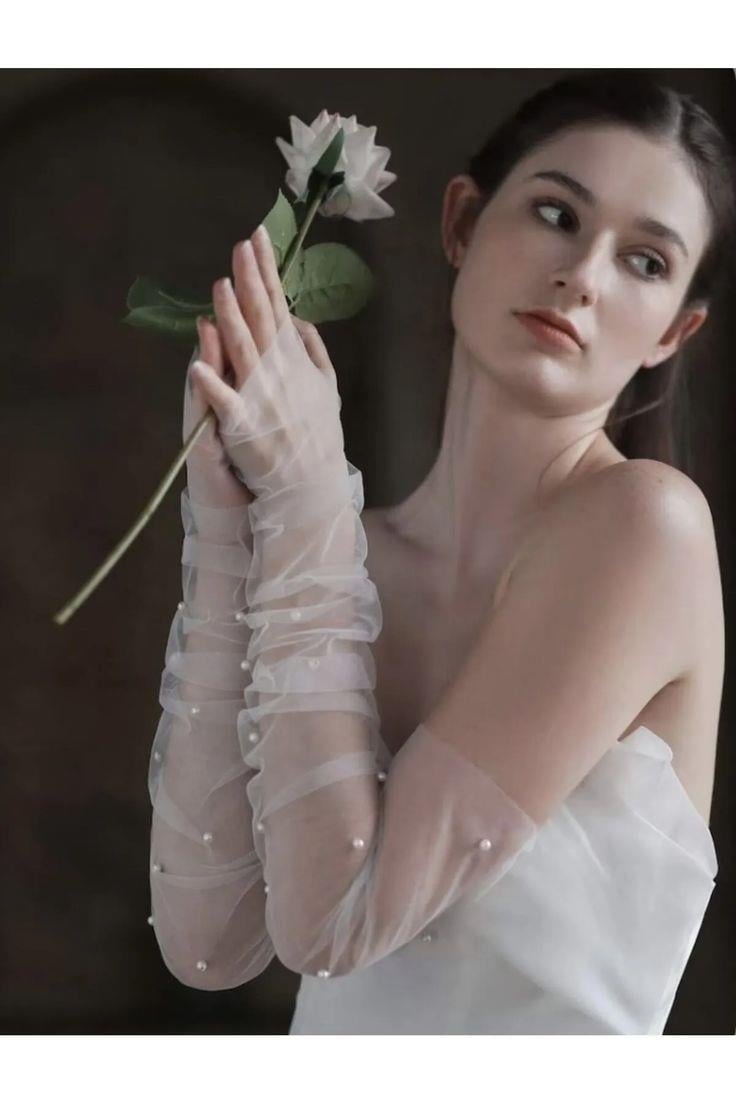 İncili Eldiven Büzgülü Gelin Eldiveni Drapeli Nikah Eldiveni