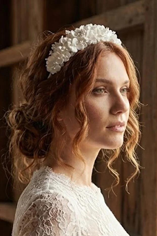 İncili Ve Kristal Taşlı Çiçekli Gelin Tacı Kına Nişan Saç Aksesuarı
